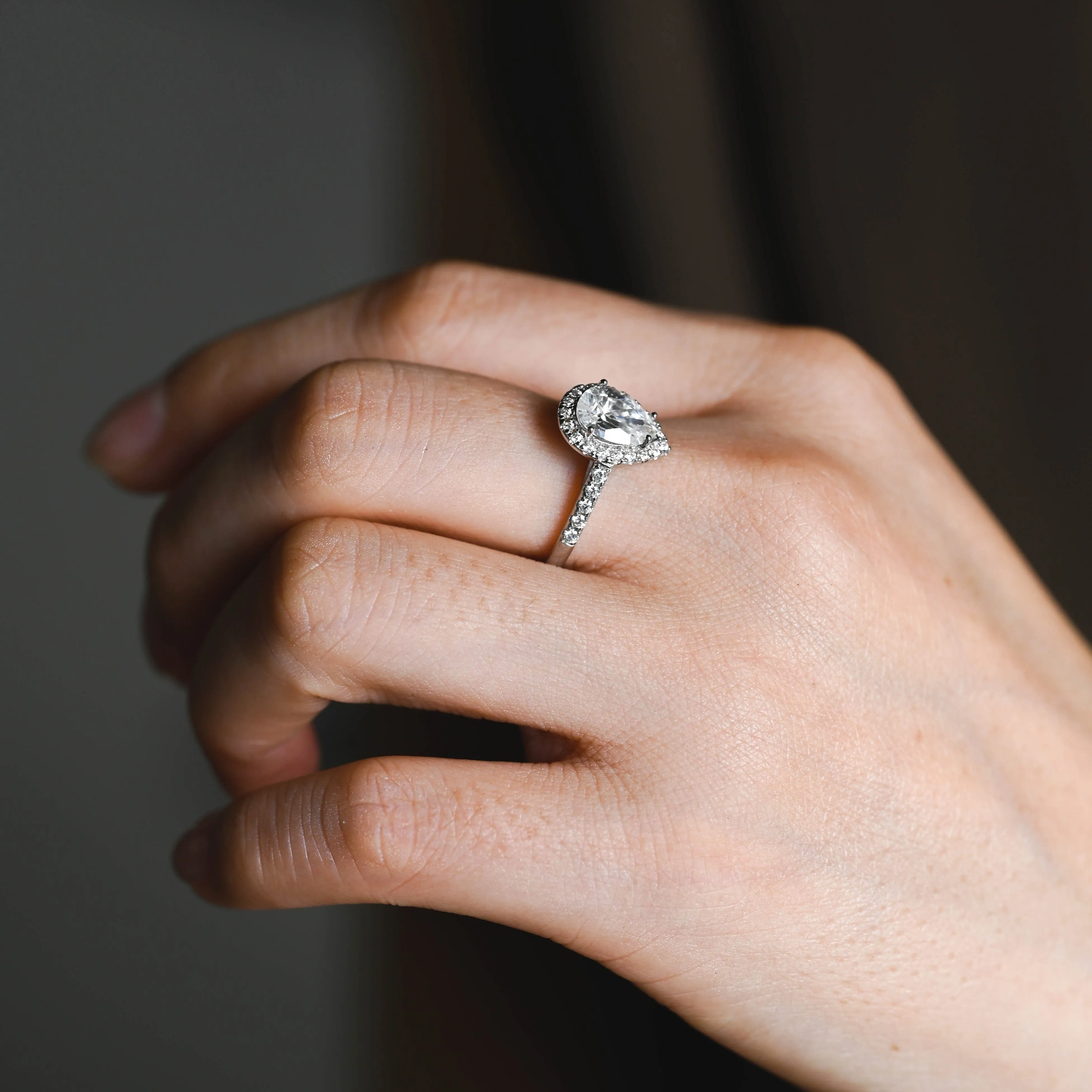 Solid Gold Pear Cut Moissanite Engagement Ring, Halo Cathedral Ring sold by Causyou product image thumbnail 4