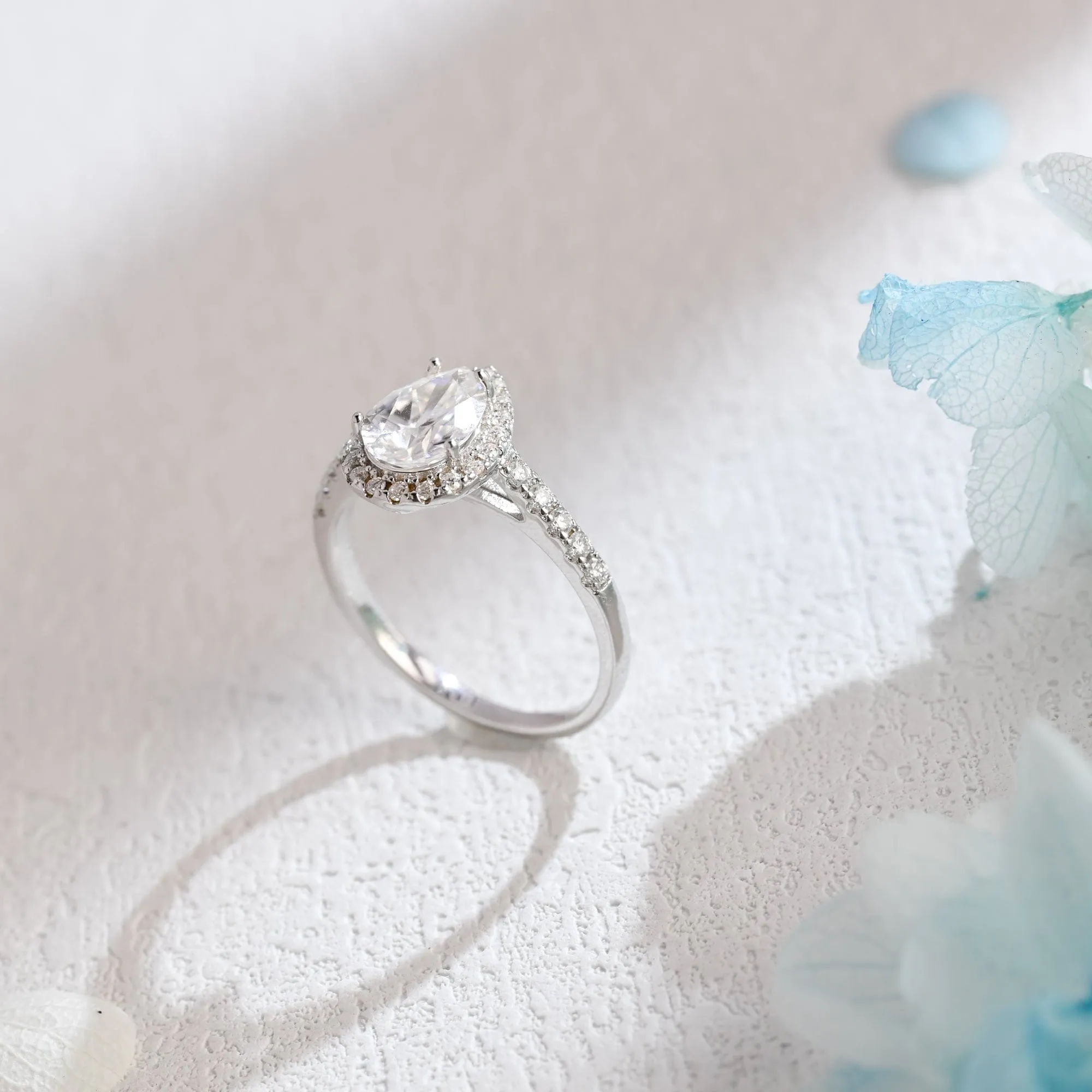Solid Gold Pear Cut Moissanite Engagement Ring, Halo Cathedral Ring sold by Causyou product image thumbnail 5