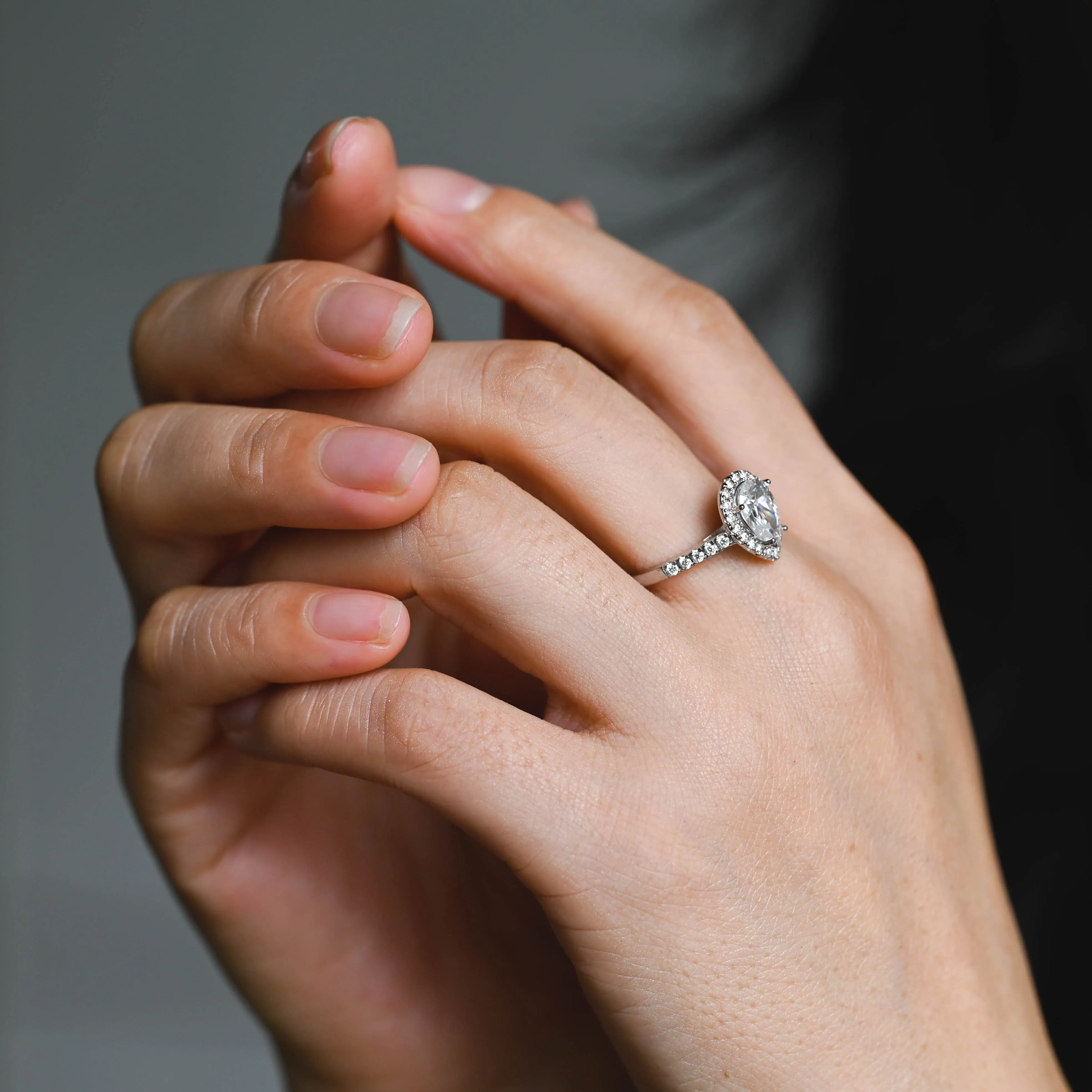 Solid Gold Pear Cut Moissanite Engagement Ring, Halo Cathedral Ring sold by Causyou product image thumbnail 2