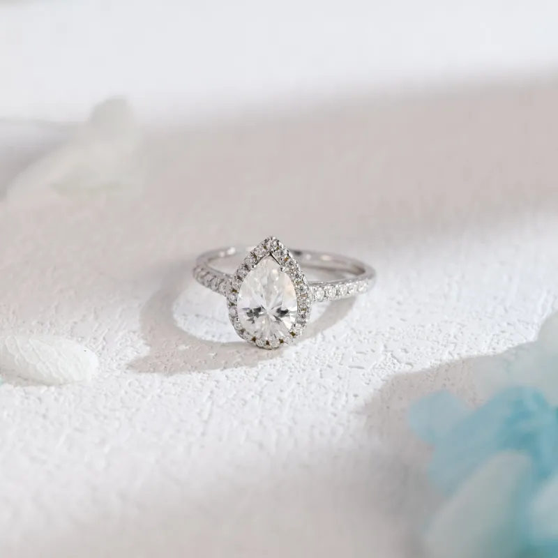 Solid Gold Pear Cut Moissanite Engagement Ring, Halo Cathedral Ring sold by Causyou