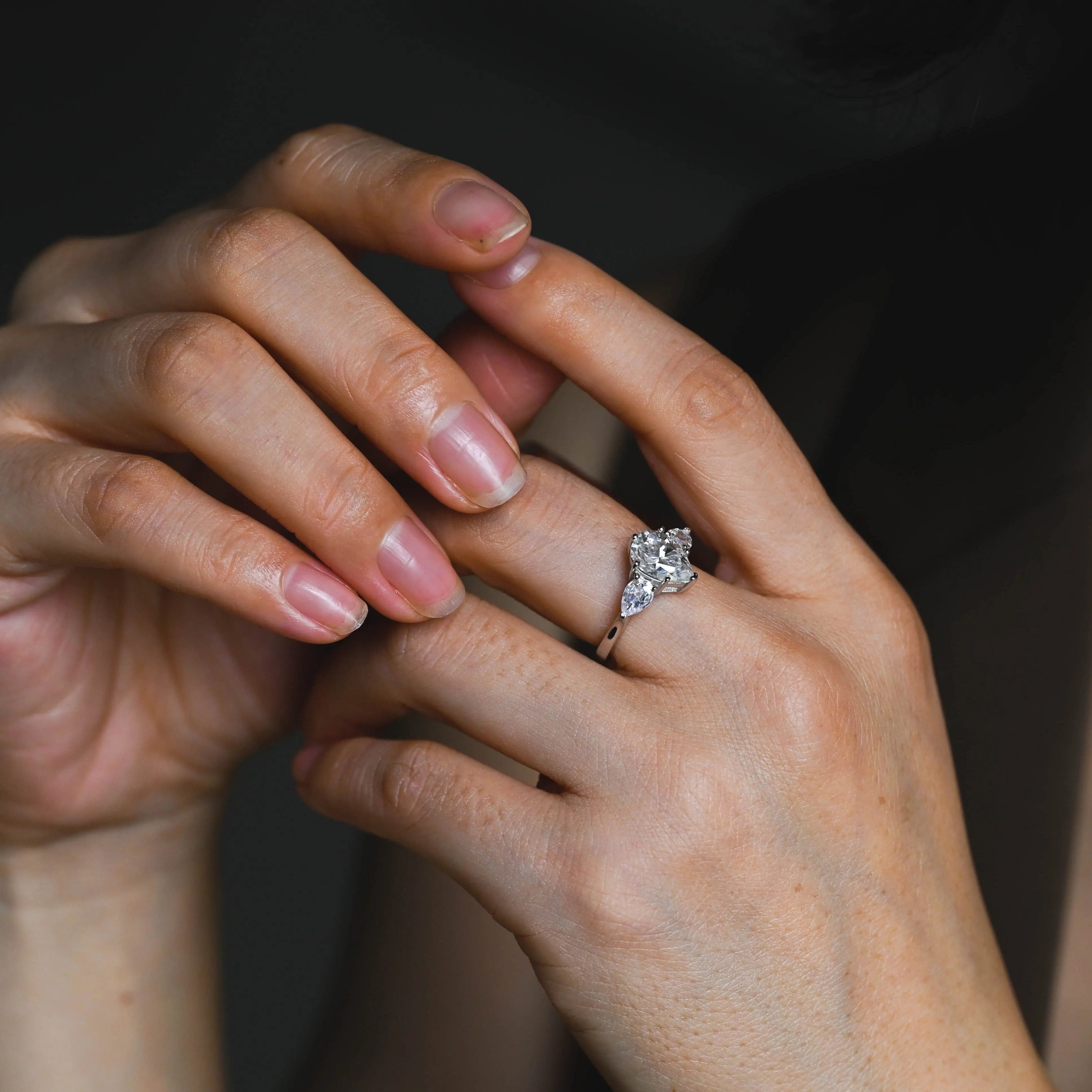 Solid Gold Pear Cut Moissanite Engagement Ring, Three Stone Ring sold by Causyou product image thumbnail 4