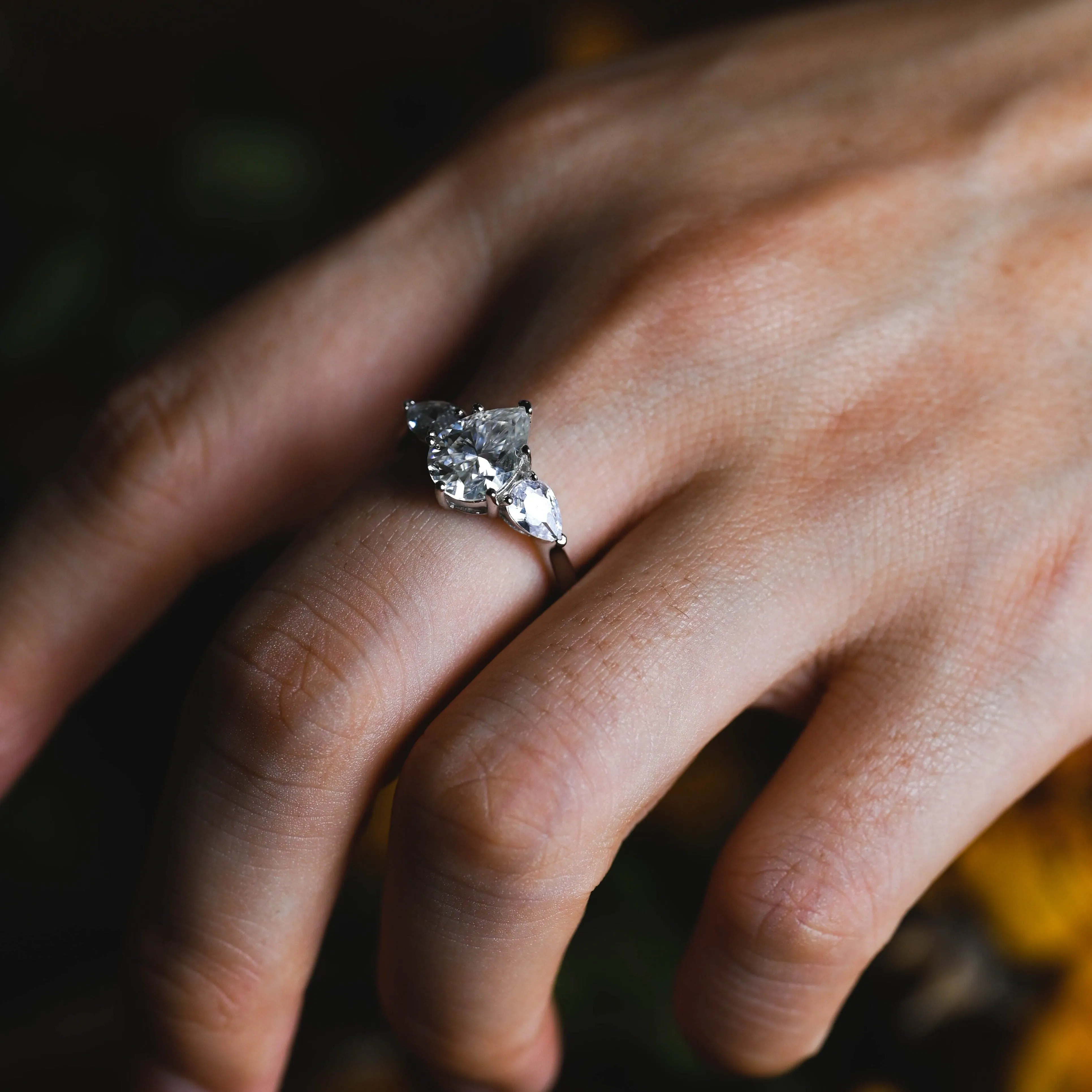 Solid Gold Pear Cut Moissanite Engagement Ring, Three Stone Ring sold by Causyou product image thumbnail 2