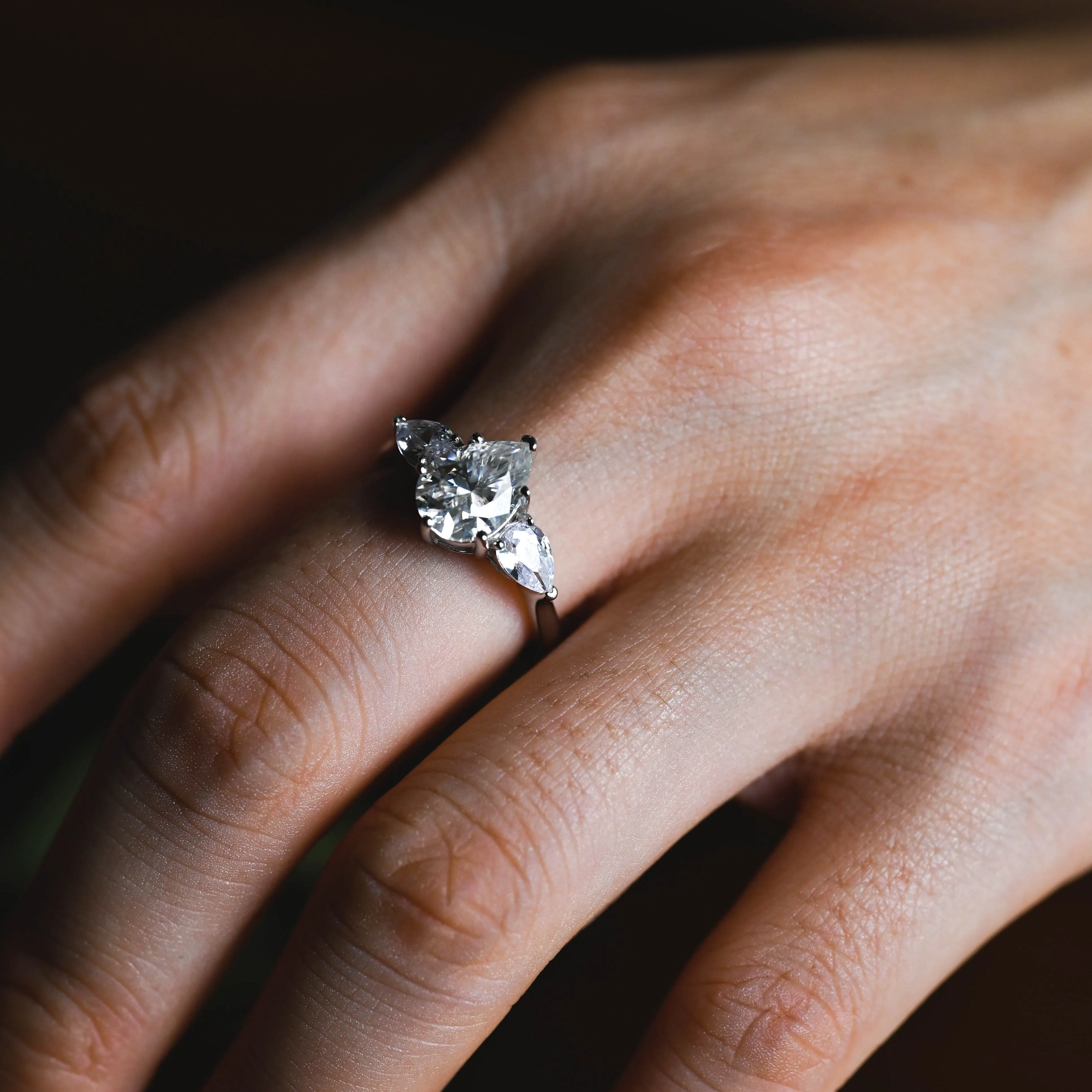 Solid Gold Pear Cut Moissanite Engagement Ring, Three Stone Ring sold by Causyou product image thumbnail 3