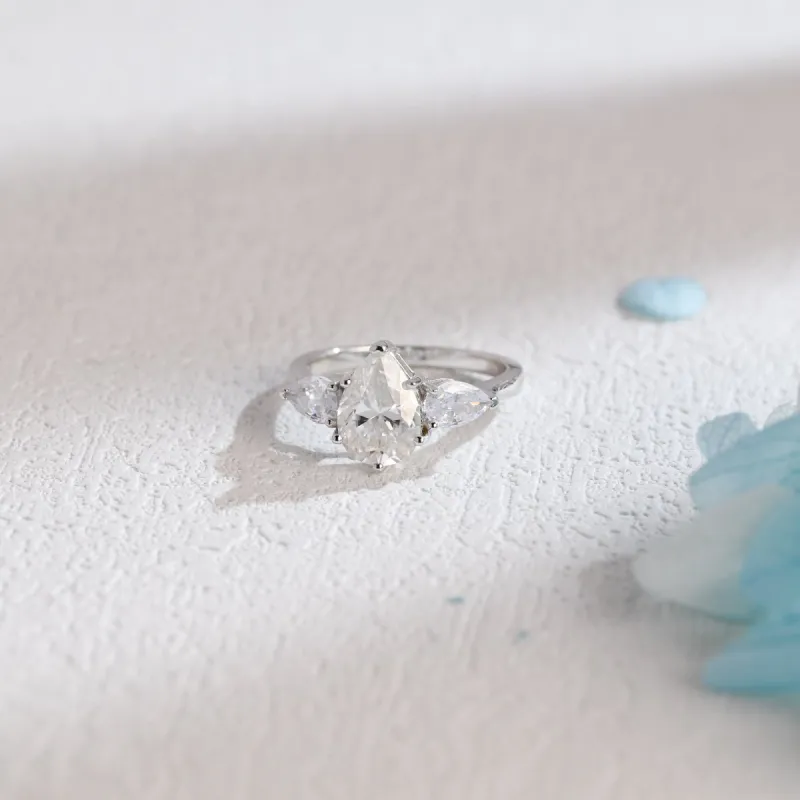 Solid Gold Pear Cut Moissanite Engagement Ring, Three Stone Ring made by Causyou