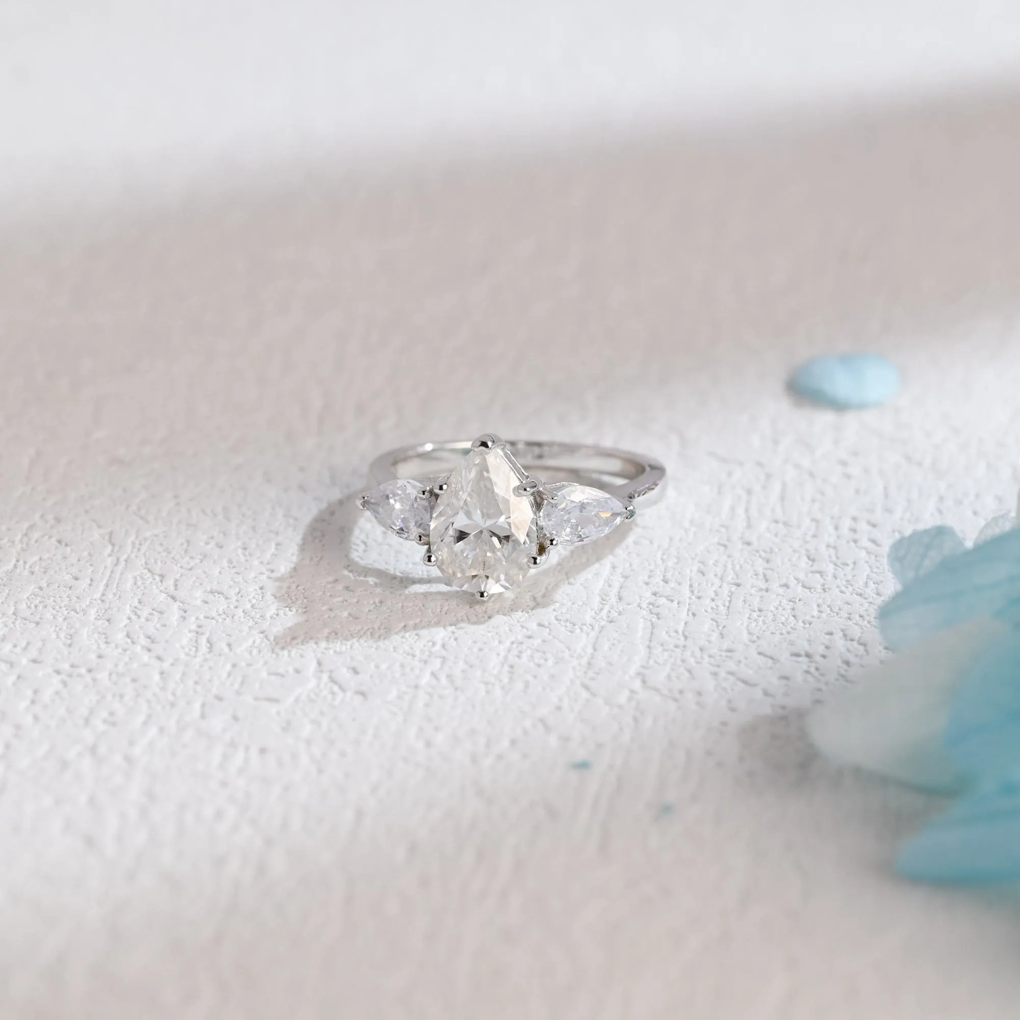 Solid Gold Pear Cut Moissanite Engagement Ring, Three Stone Ring sold by Causyou