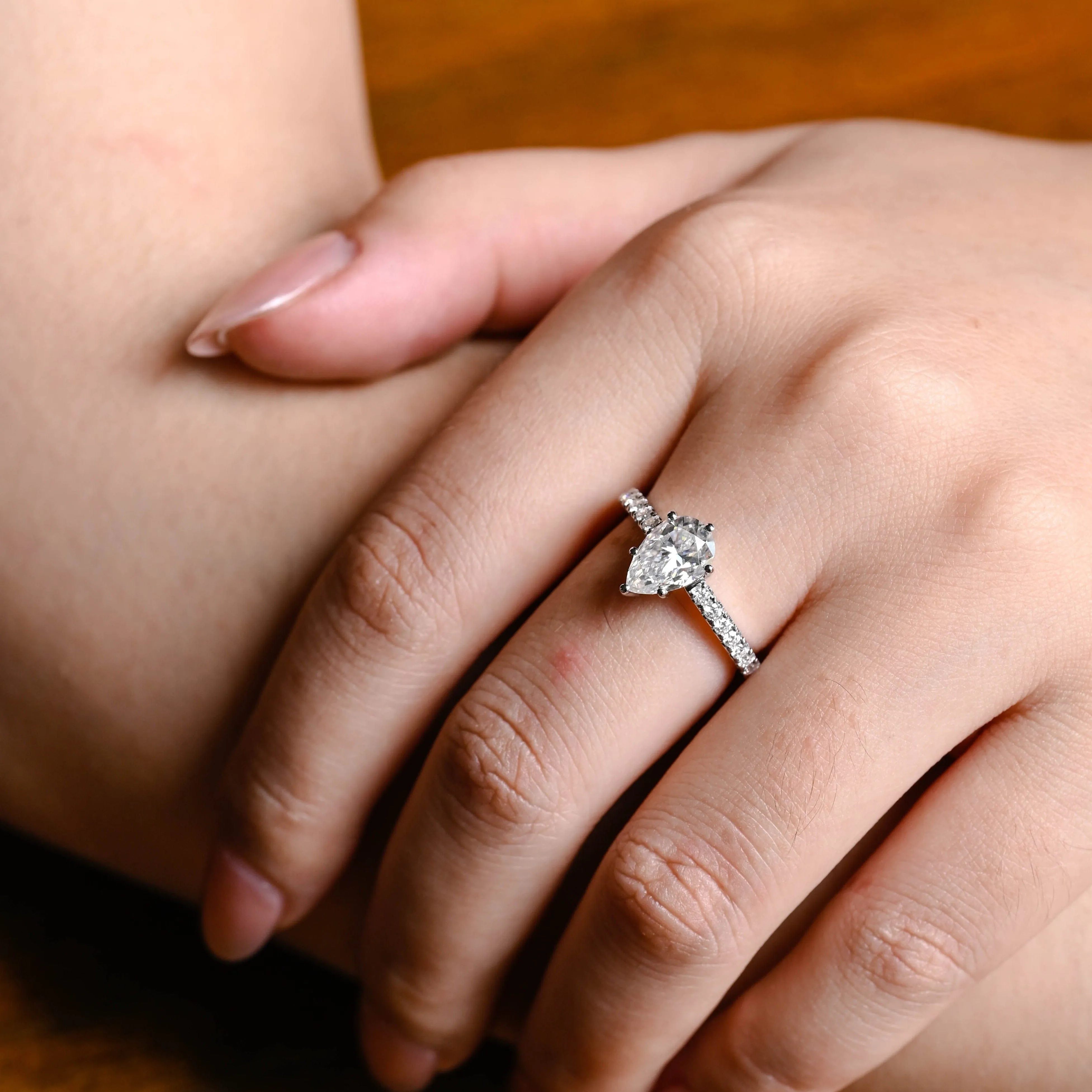 Solid Gold Pear Cut Moissanite Engagement Ring, Pave Ring sold by Causyou product image thumbnail 2