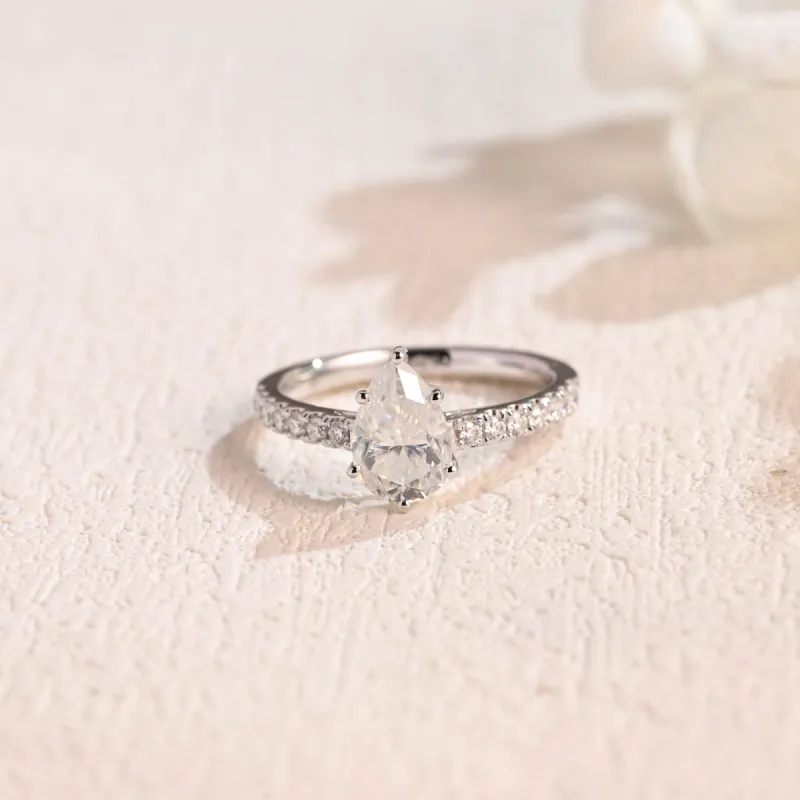 Solid Gold Pear Cut Moissanite Engagement Ring, Pave Ring sold by Causyou