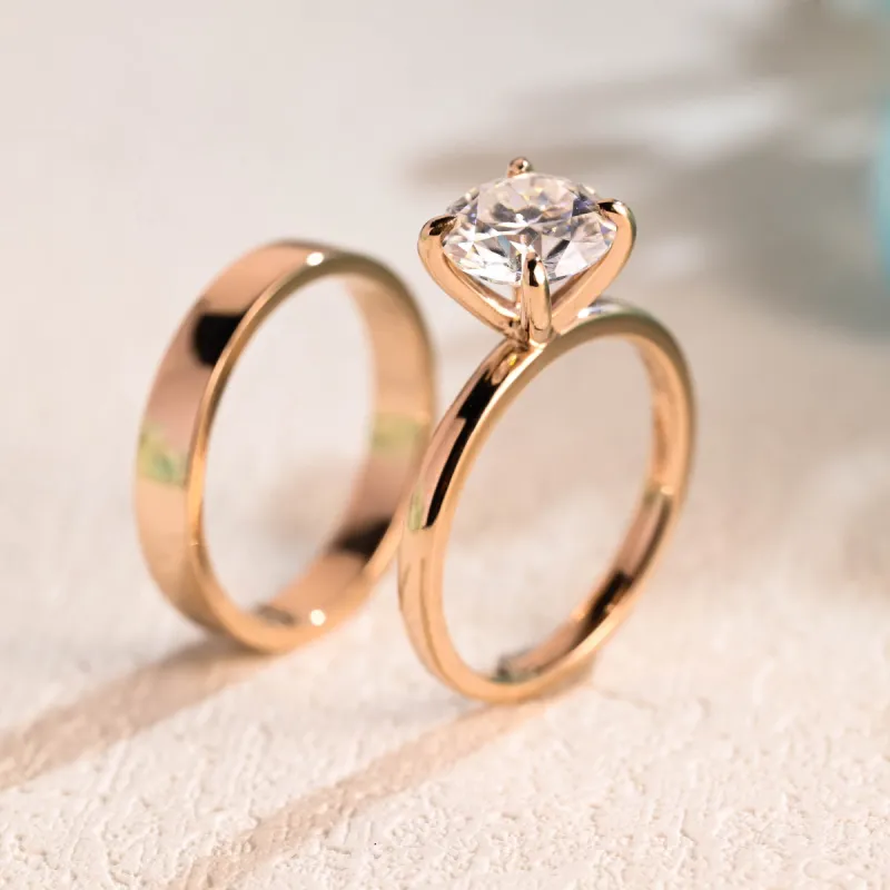 Solid Gold Round Cut Moissanite Engagement Ring Set, Bridal Set sold by Causyou