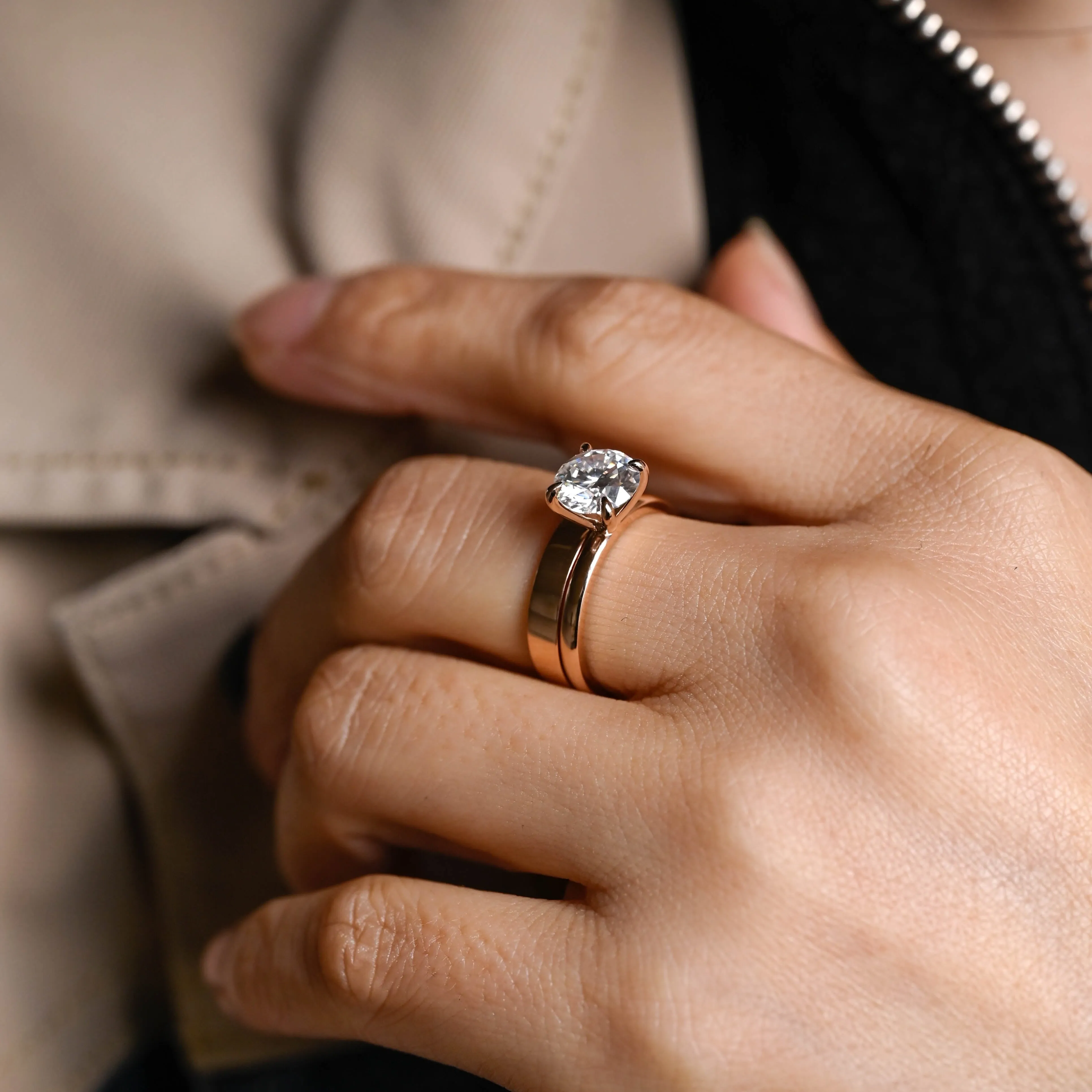 Solid Gold Round Cut Moissanite Engagement Ring Set, Bridal Set sold by Causyou product image thumbnail 2