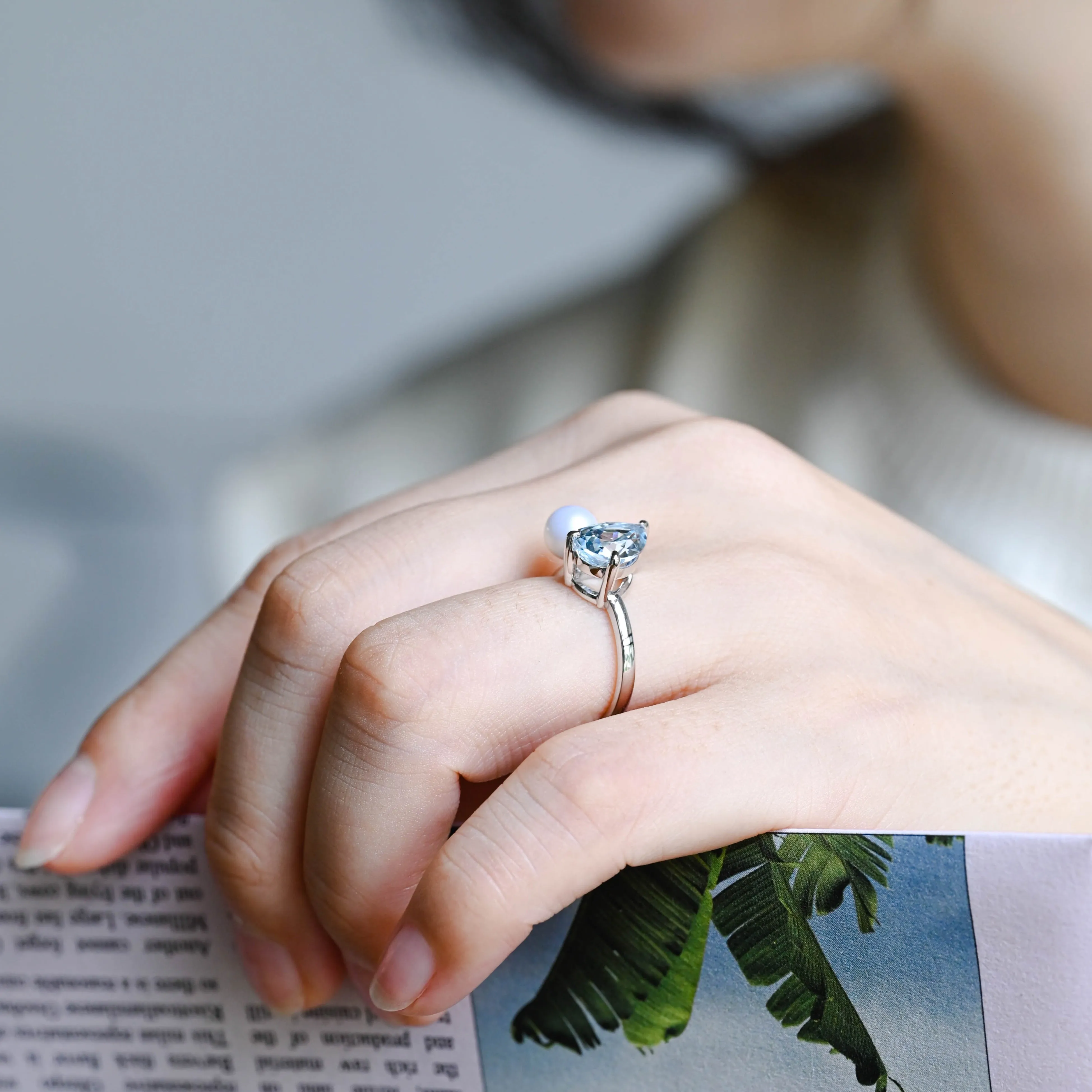 Solid Gold Pear Cut Lab Aquamarine Engagement Ring, Pearl Ring sold by Causyou product image thumbnail 3