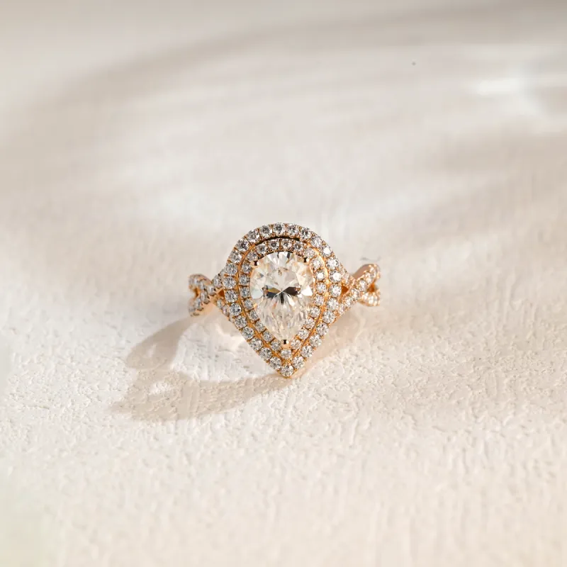Solid Gold Pear Cut Moissanite Engagement Ring Twisted Band, Halo Ring sold by Causyou