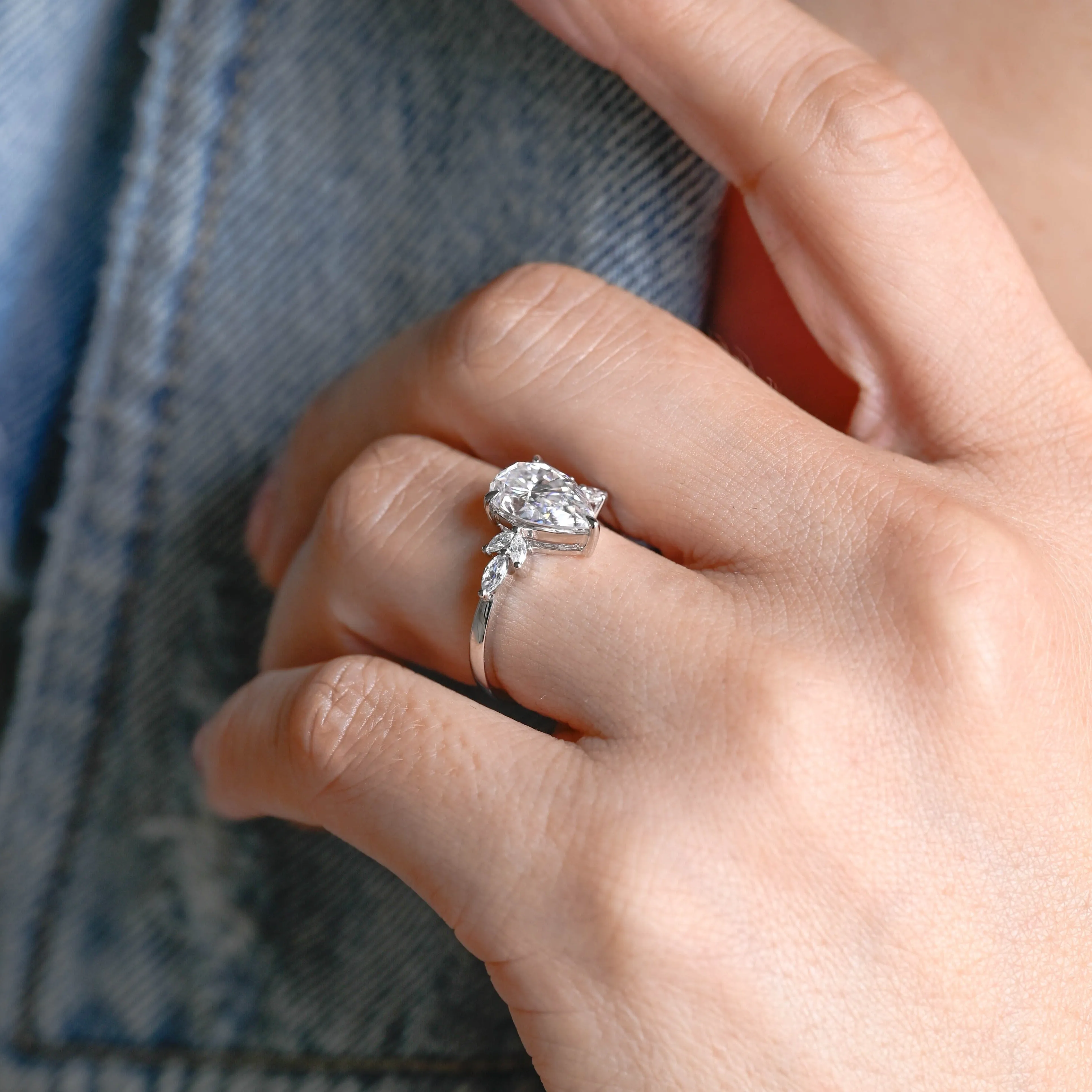 Solid Gold Pear Cut Moissanite Engagement Ring Cluster Ring sold by Causyou product image thumbnail 2