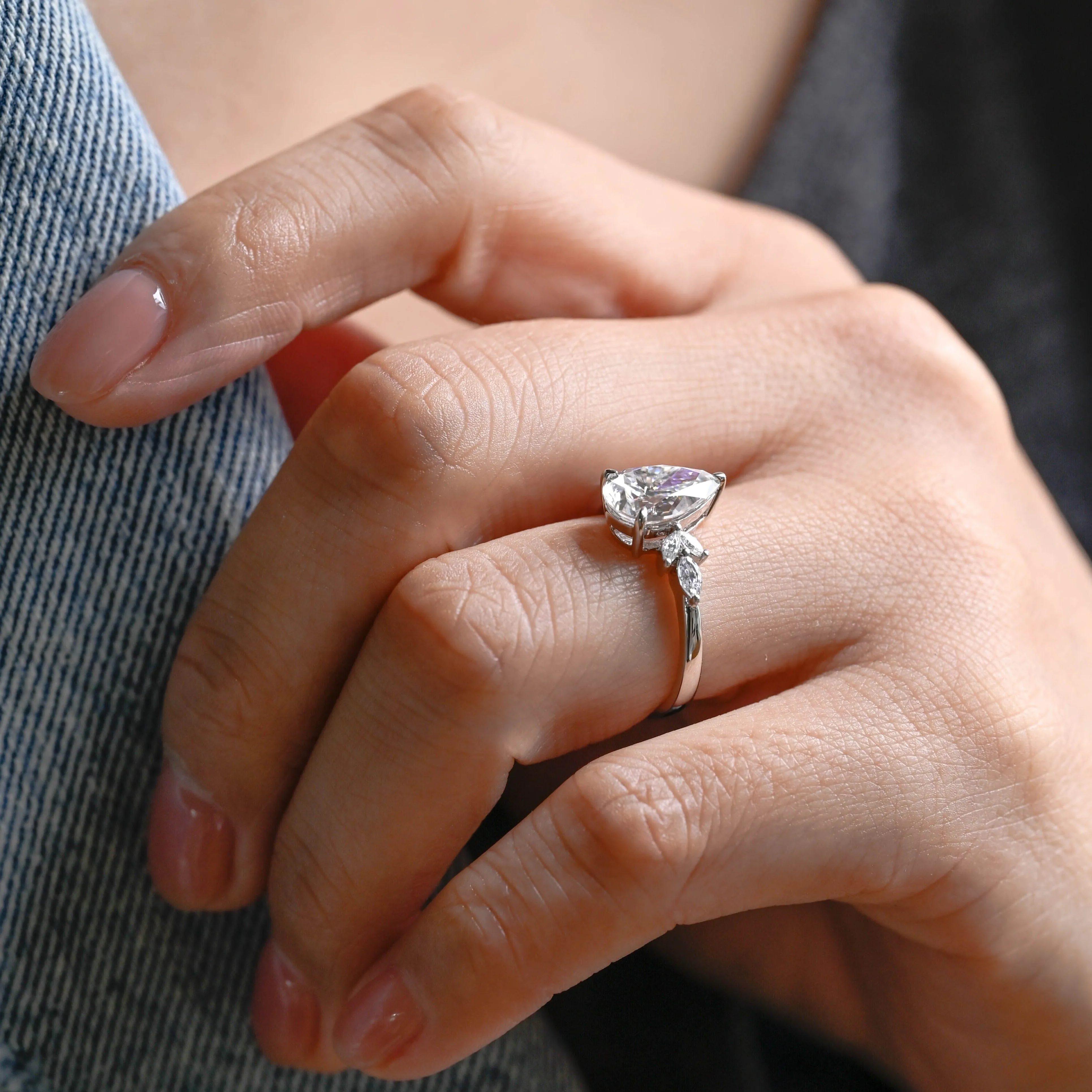 Solid Gold Pear Cut Moissanite Engagement Ring Cluster Ring sold by Causyou product image thumbnail 4