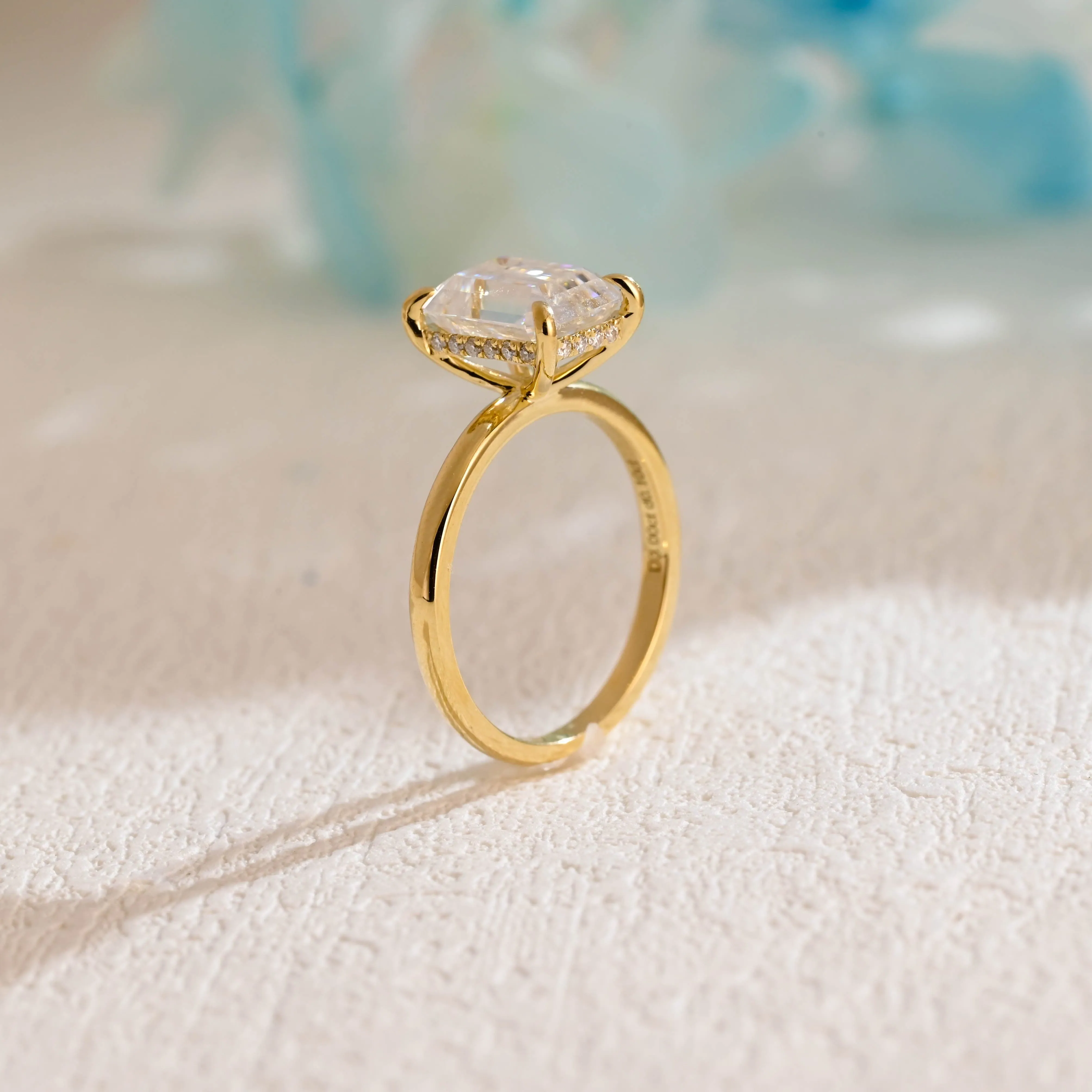 Solid Gold Hidden Halo Emerald Cut Moissanite Engagement Ring Hidden Halo sold by Causyou