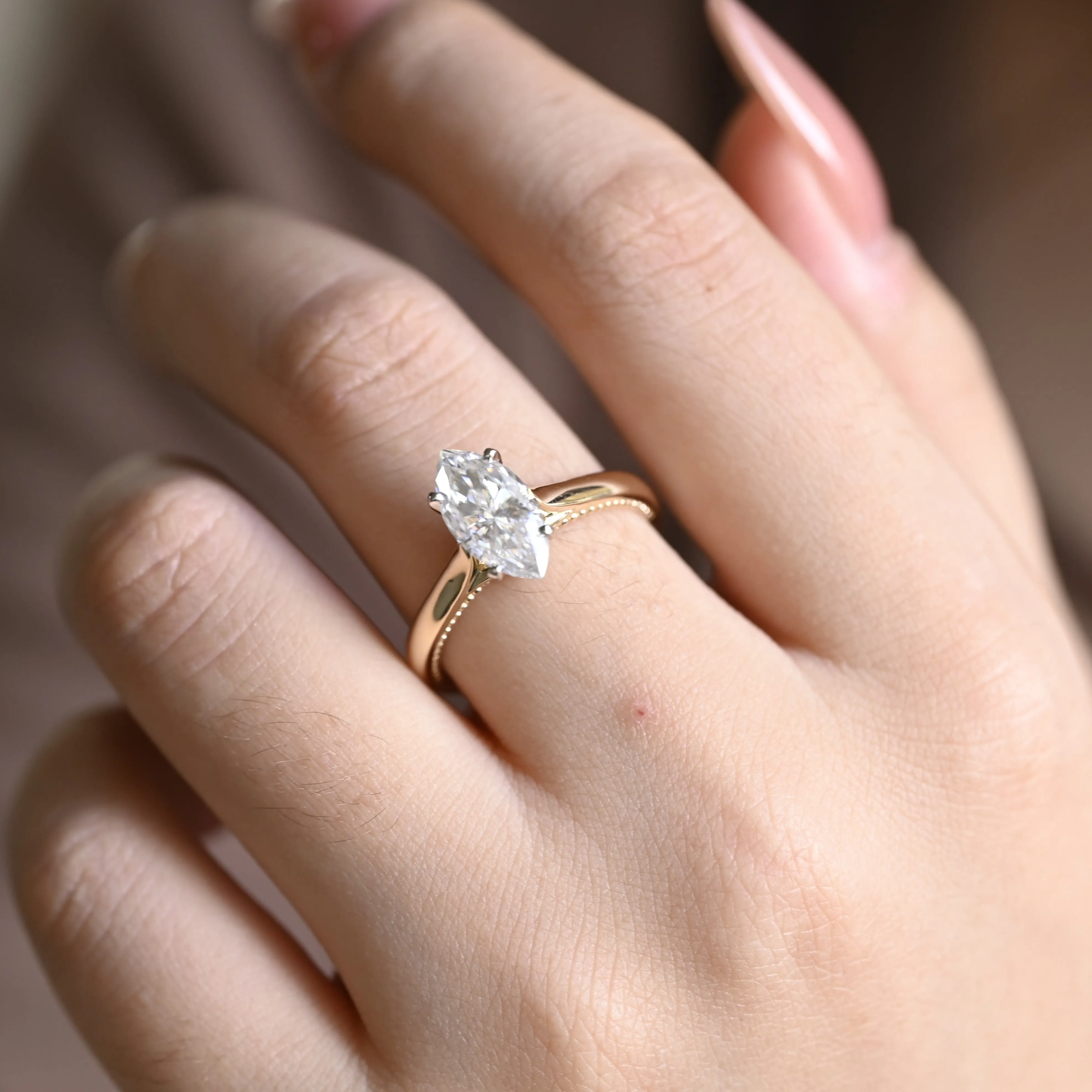 Two Tone Solid Gold Marquise Cut Moissanite Engagement Ring sold by Causyou product image thumbnail 2