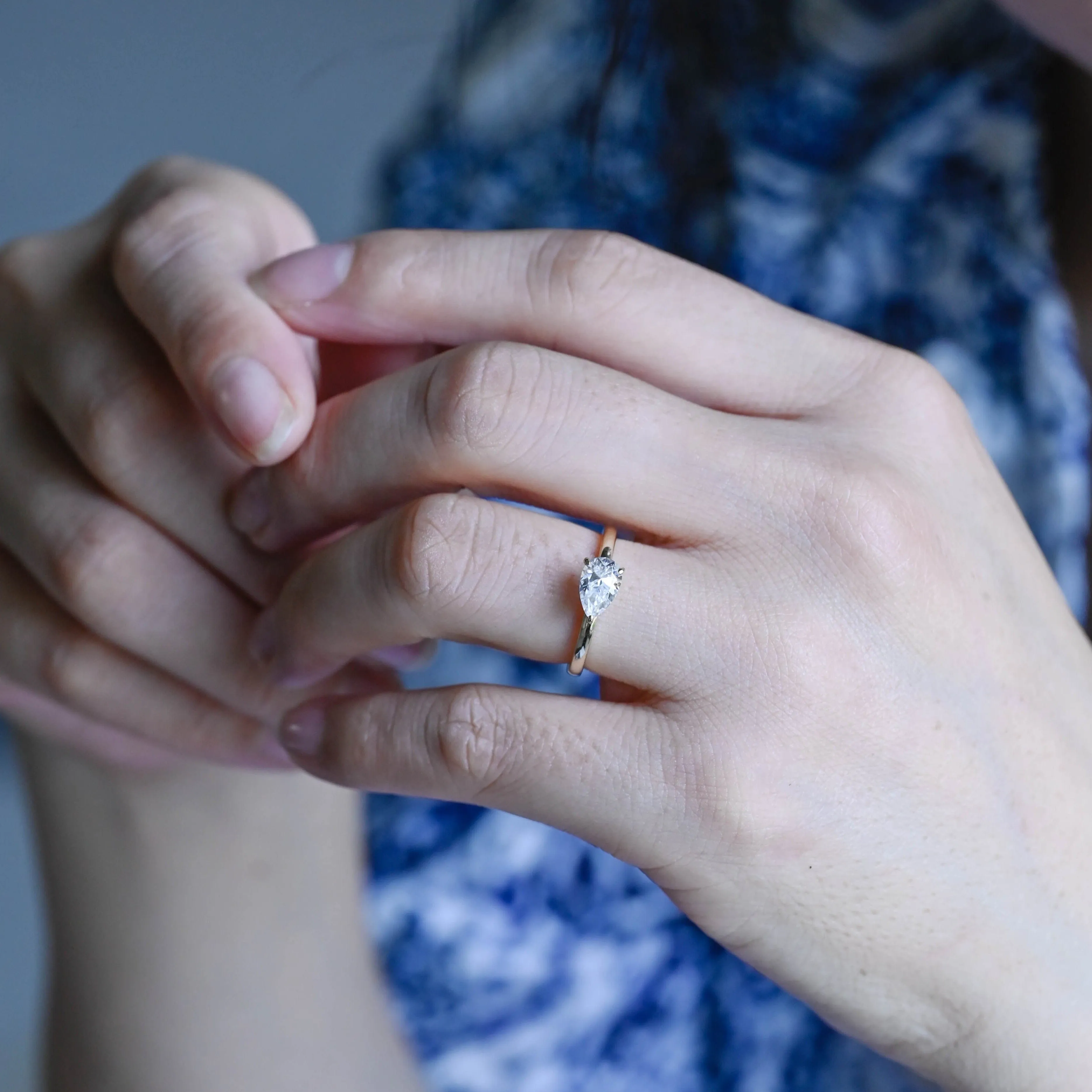 Solid Gold Pear Cut Moissanite Engagement Ring East West Ring, Solitaire Ring sold by Causyou product image thumbnail 3