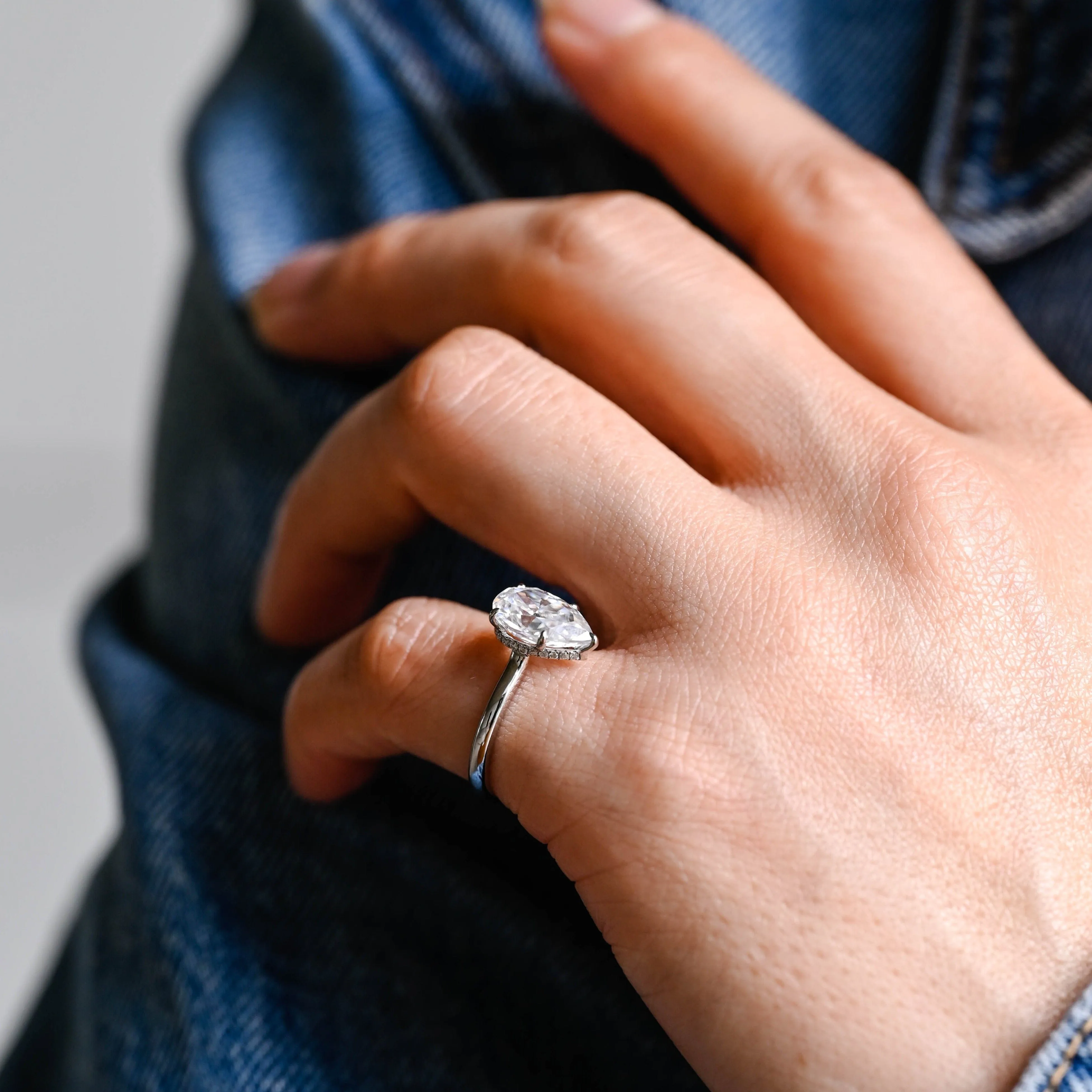 Solid Gold Pear Cut Moissanite Engagement Ring Hidden Halo sold by Causyou product image thumbnail 4