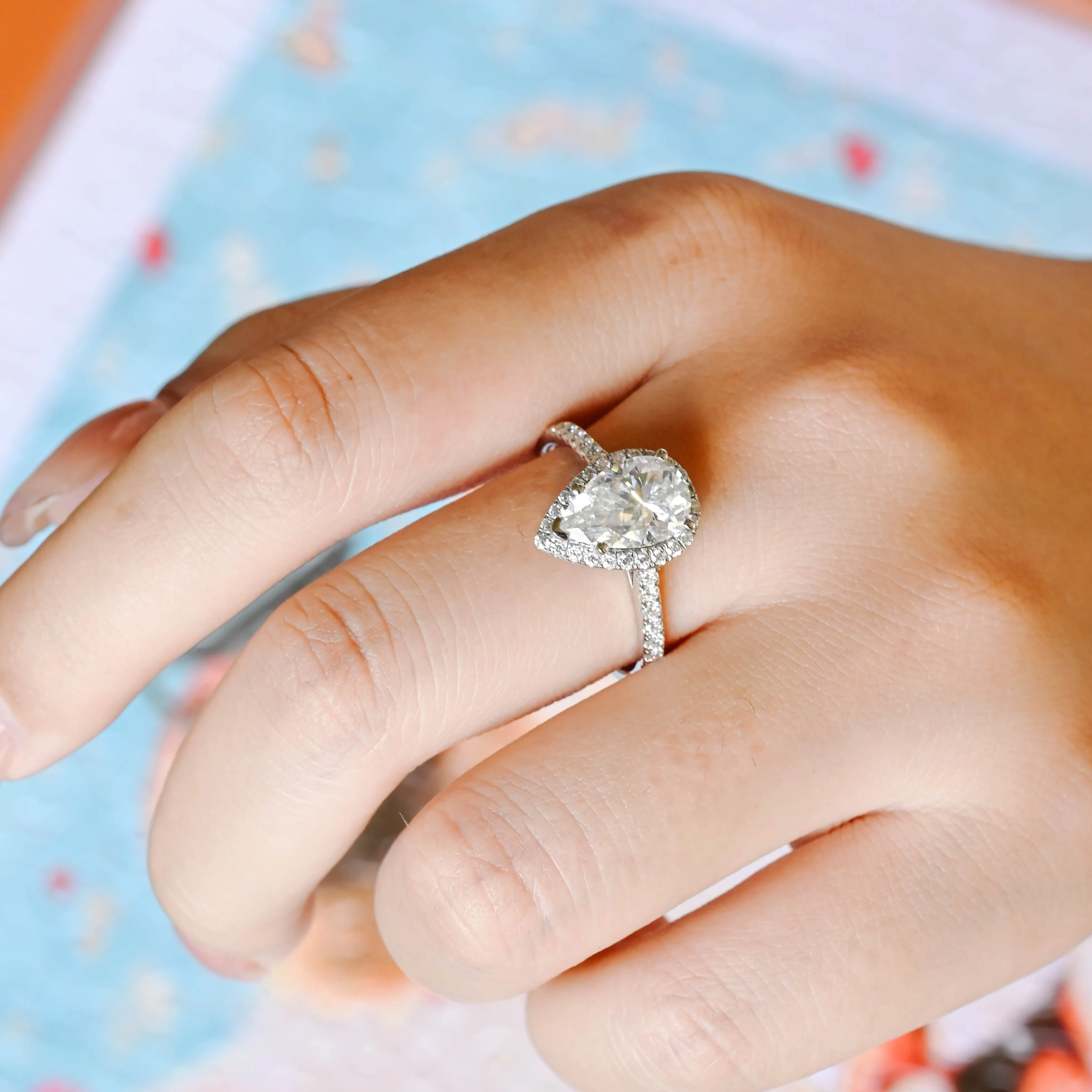 Solid Gold Pear Cut Moissanite Engagement Ring Halo Ring sold by Causyou product image thumbnail 2