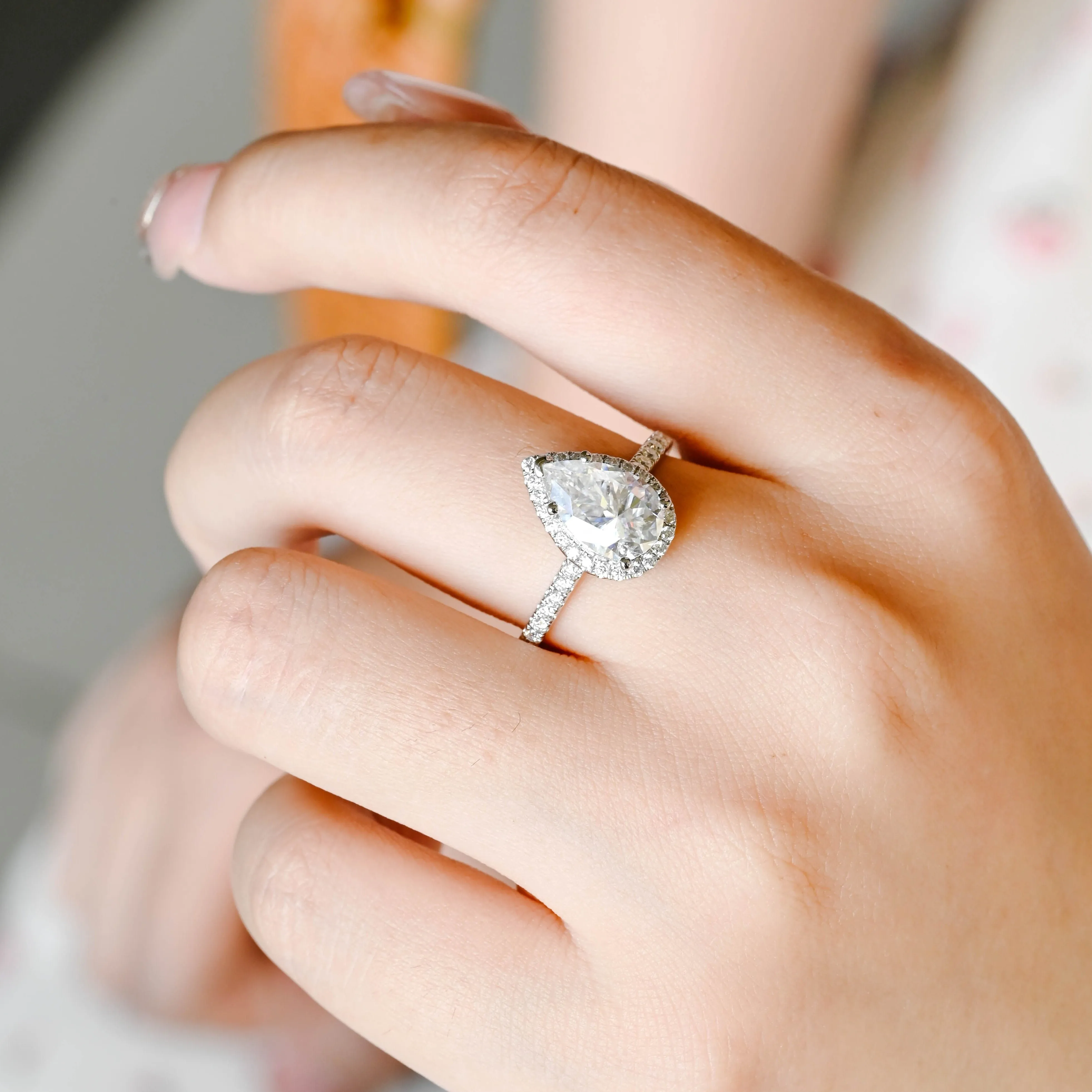 Solid Gold Pear Cut Moissanite Engagement Ring Halo Ring sold by Causyou product image thumbnail 3