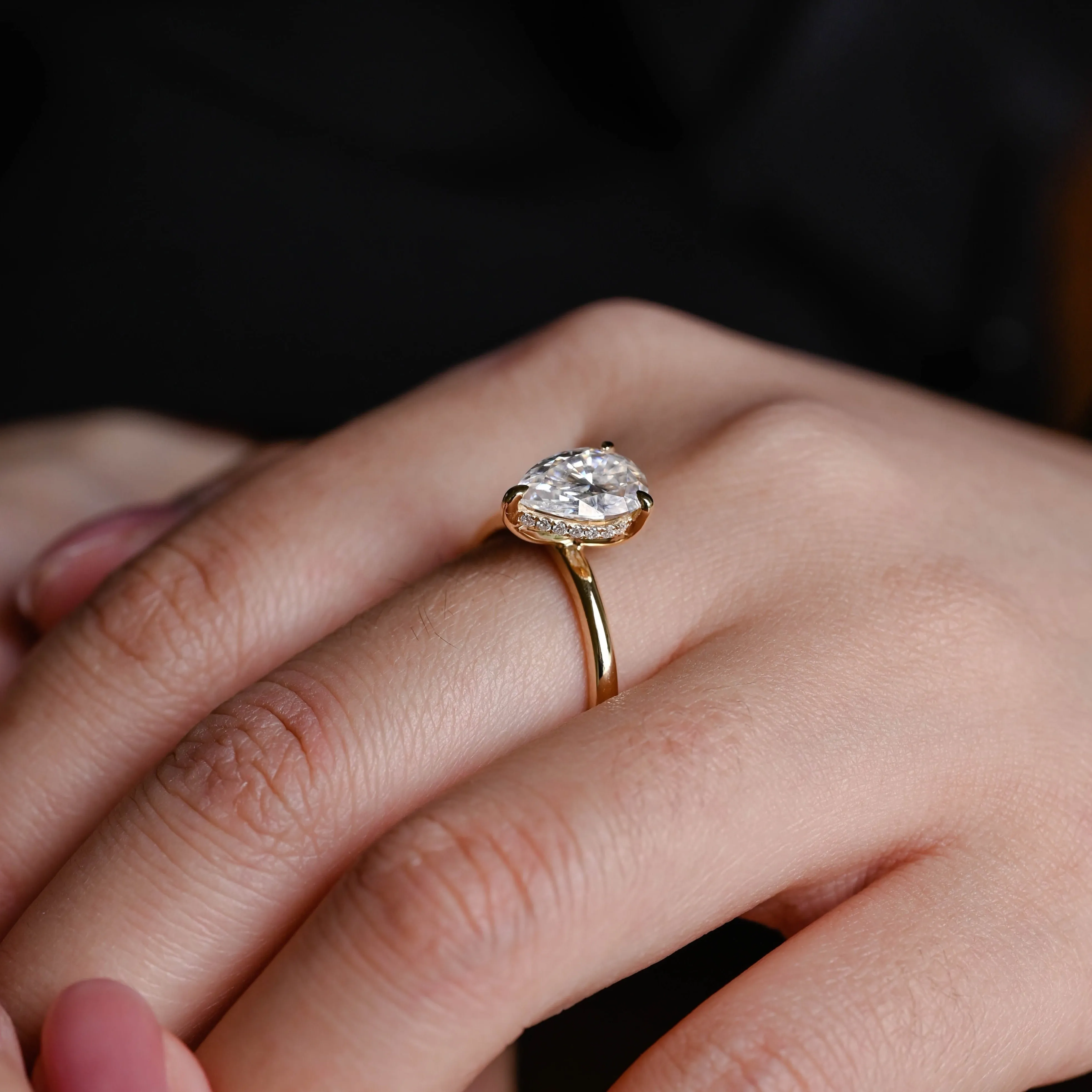 Solid Gold Pear Cut Moissanite Engagement Ring Hidden Halo sold by Causyou product image thumbnail 3