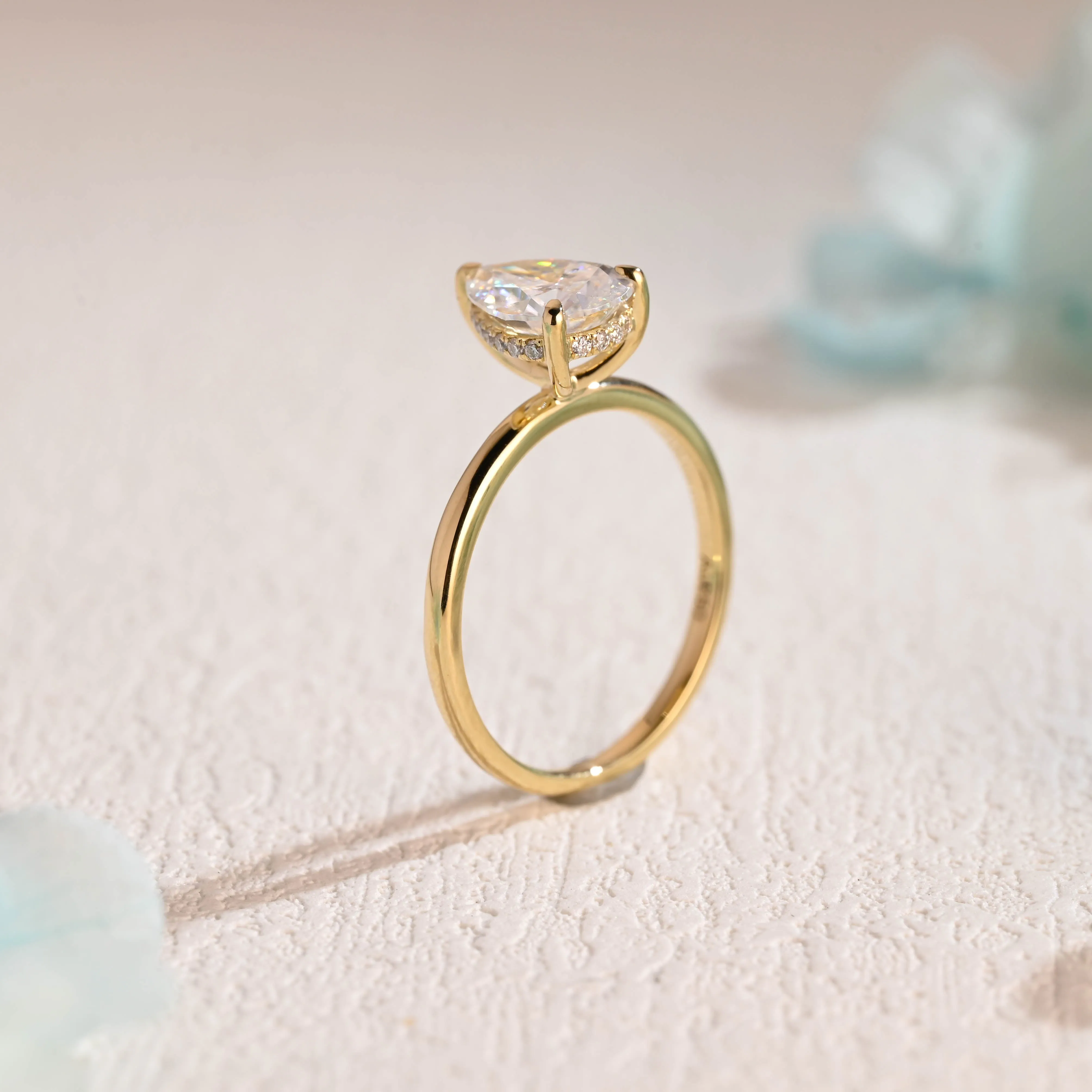 Solid Gold Pear Cut Moissanite Engagement Ring Hidden Halo sold by Causyou