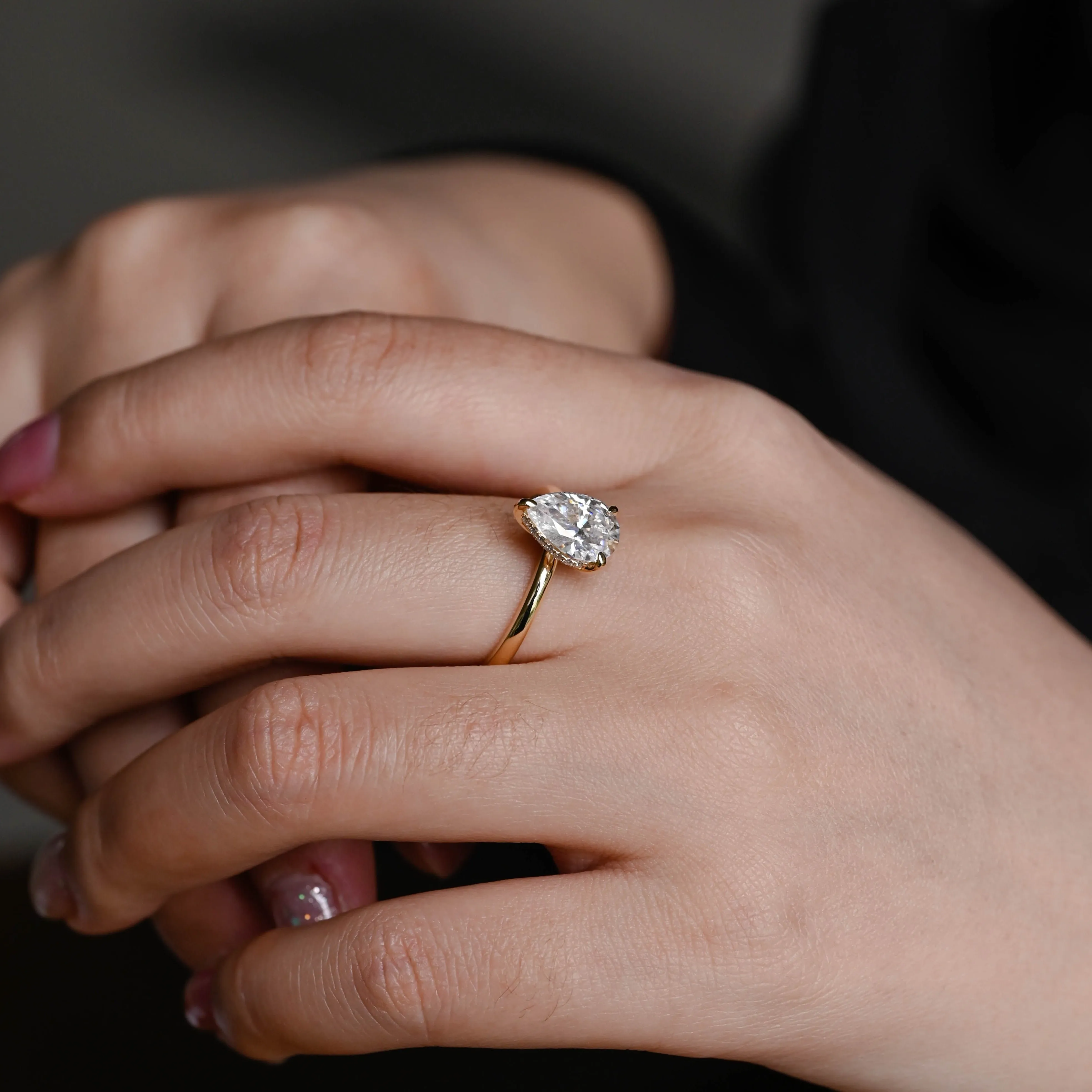 Solid Gold Pear Cut Moissanite Engagement Ring Hidden Halo sold by Causyou product image thumbnail 2