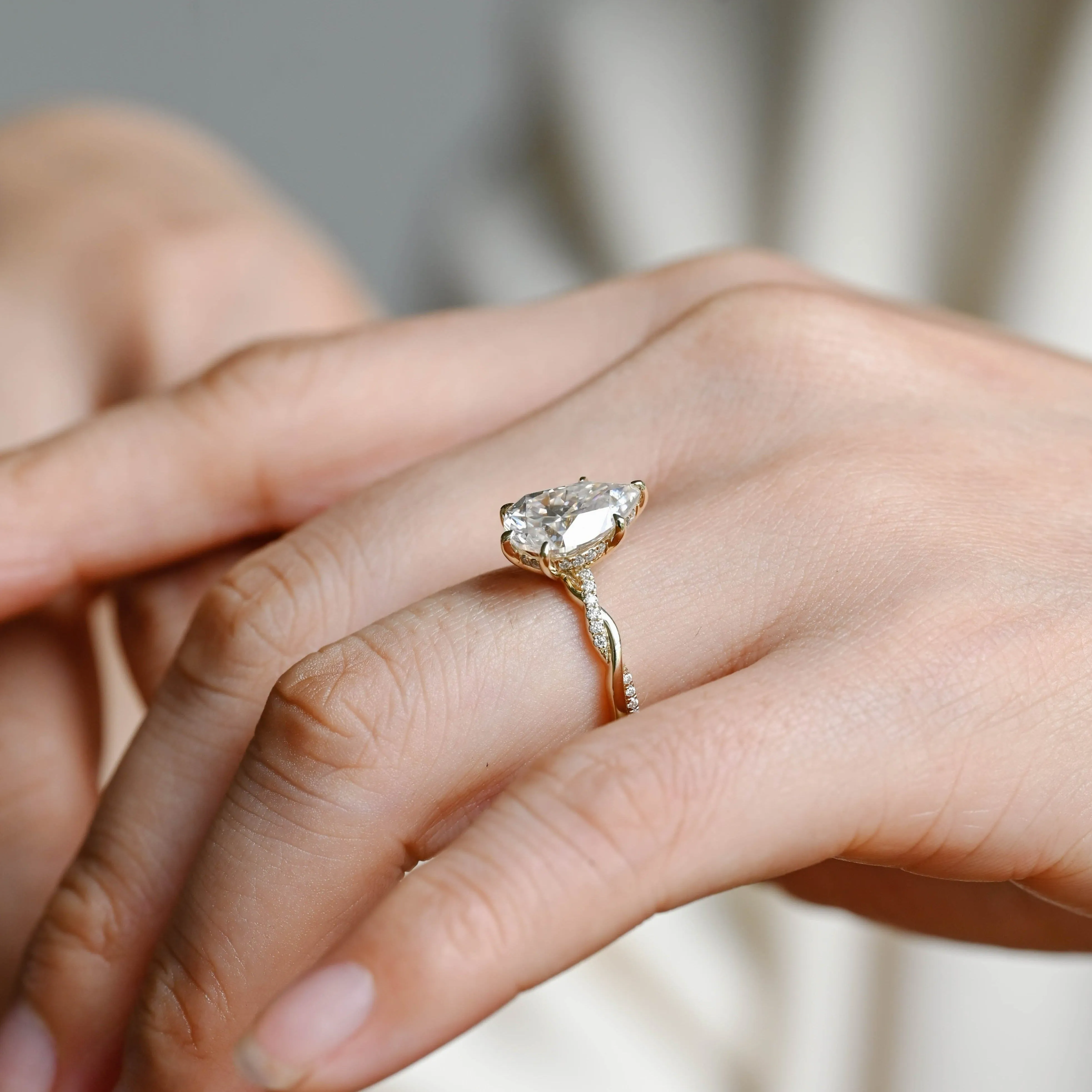 Solid Gold Pear Cut Moissanite Engagement Ring Hidden Halo, Twist Band Ring sold by Causyou product image thumbnail 4