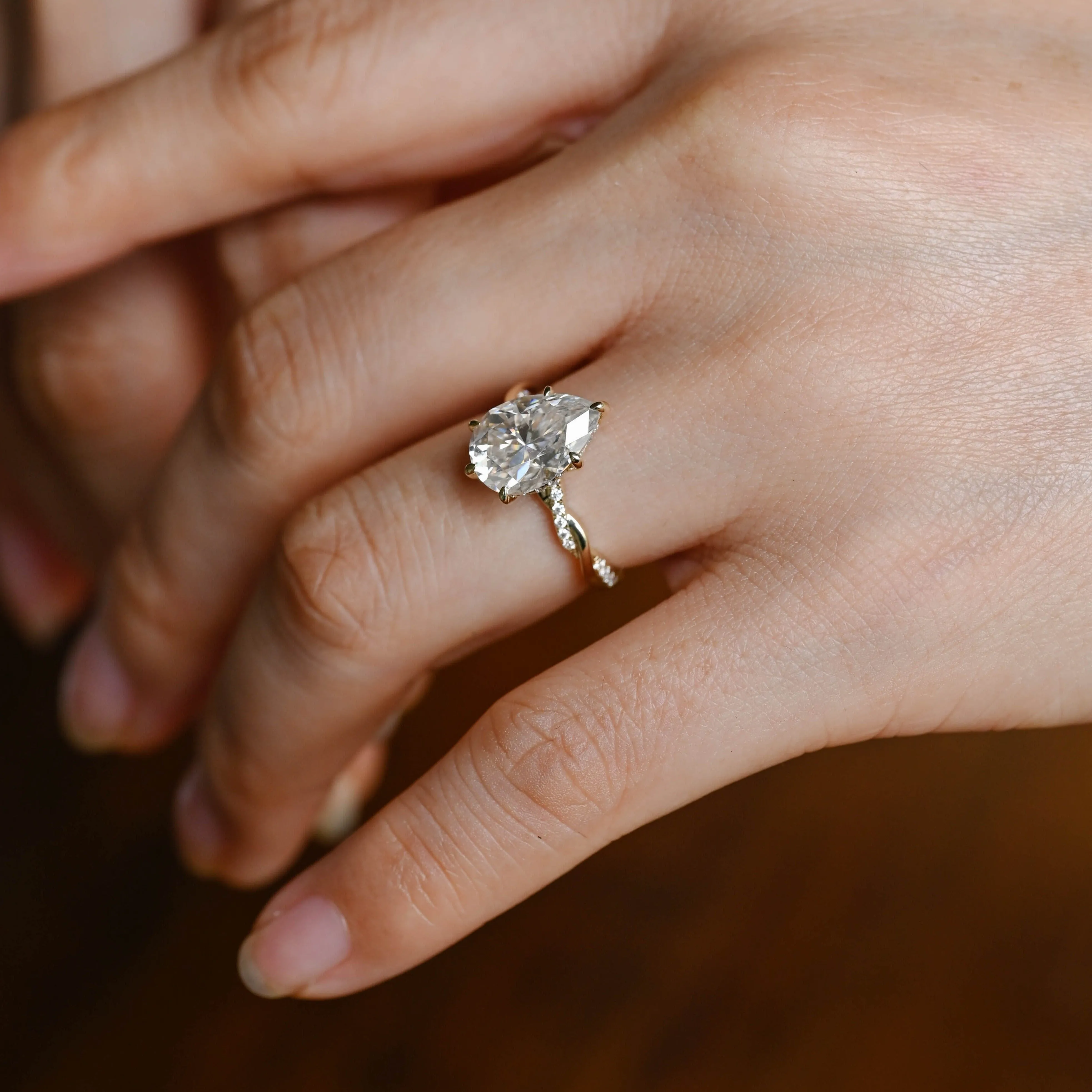 Solid Gold Pear Cut Moissanite Engagement Ring Hidden Halo, Twist Band Ring sold by Causyou product image thumbnail 2