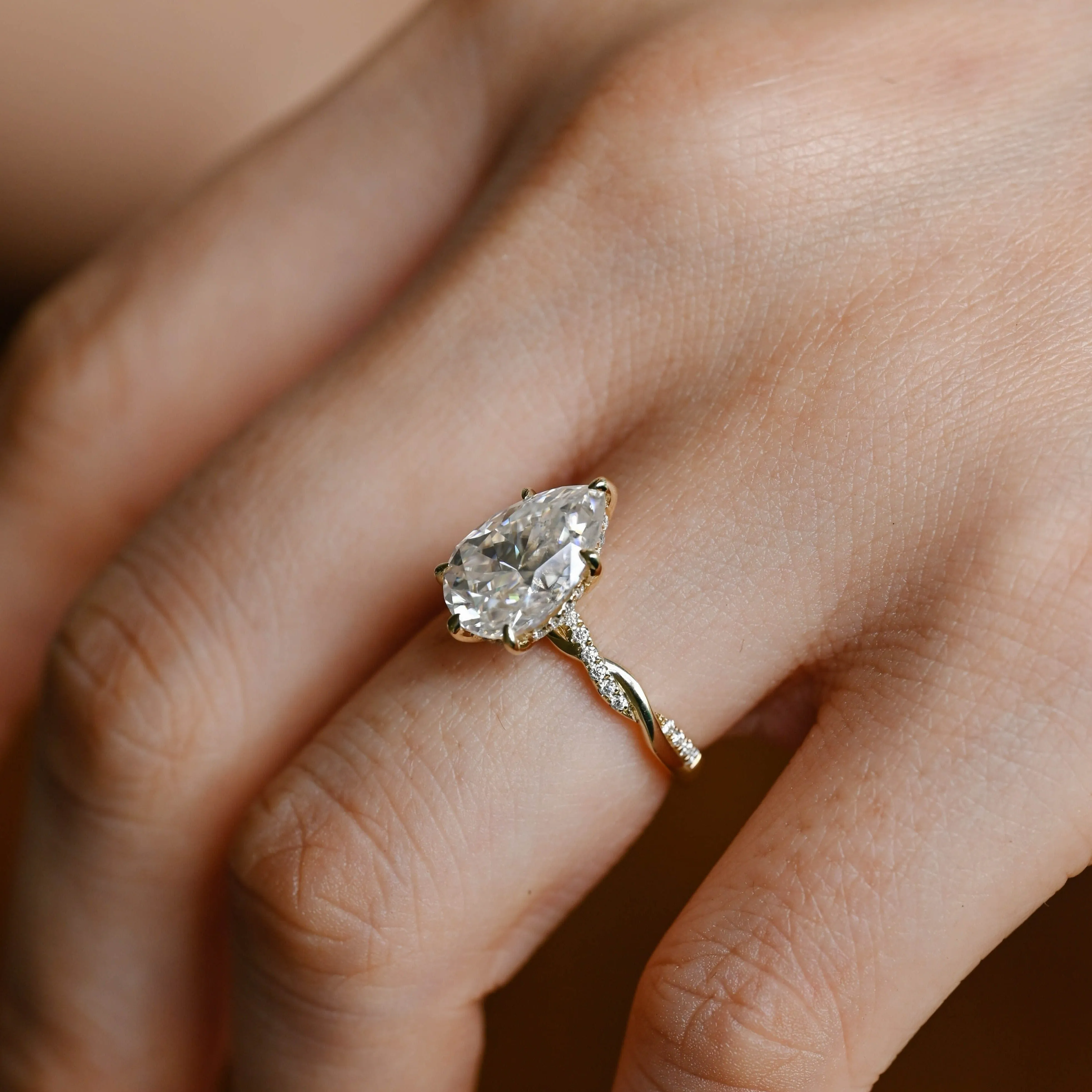 Solid Gold Pear Cut Moissanite Engagement Ring Hidden Halo, Twist Band Ring sold by Causyou product image thumbnail 3