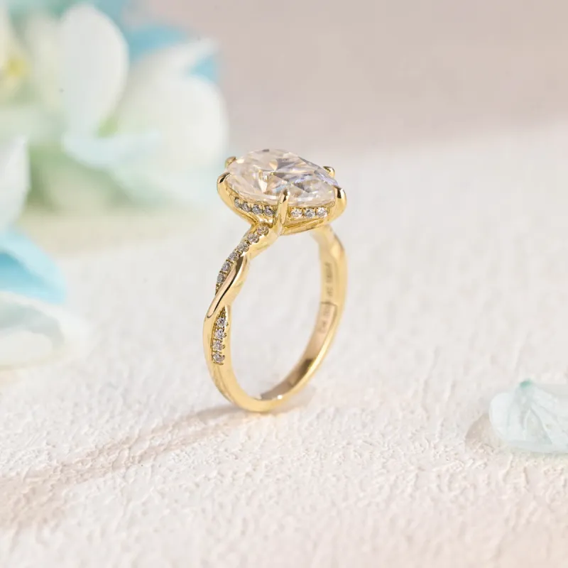 Solid Gold Pear Cut Moissanite Engagement Ring Hidden Halo, Twist Band Ring sold by Causyou