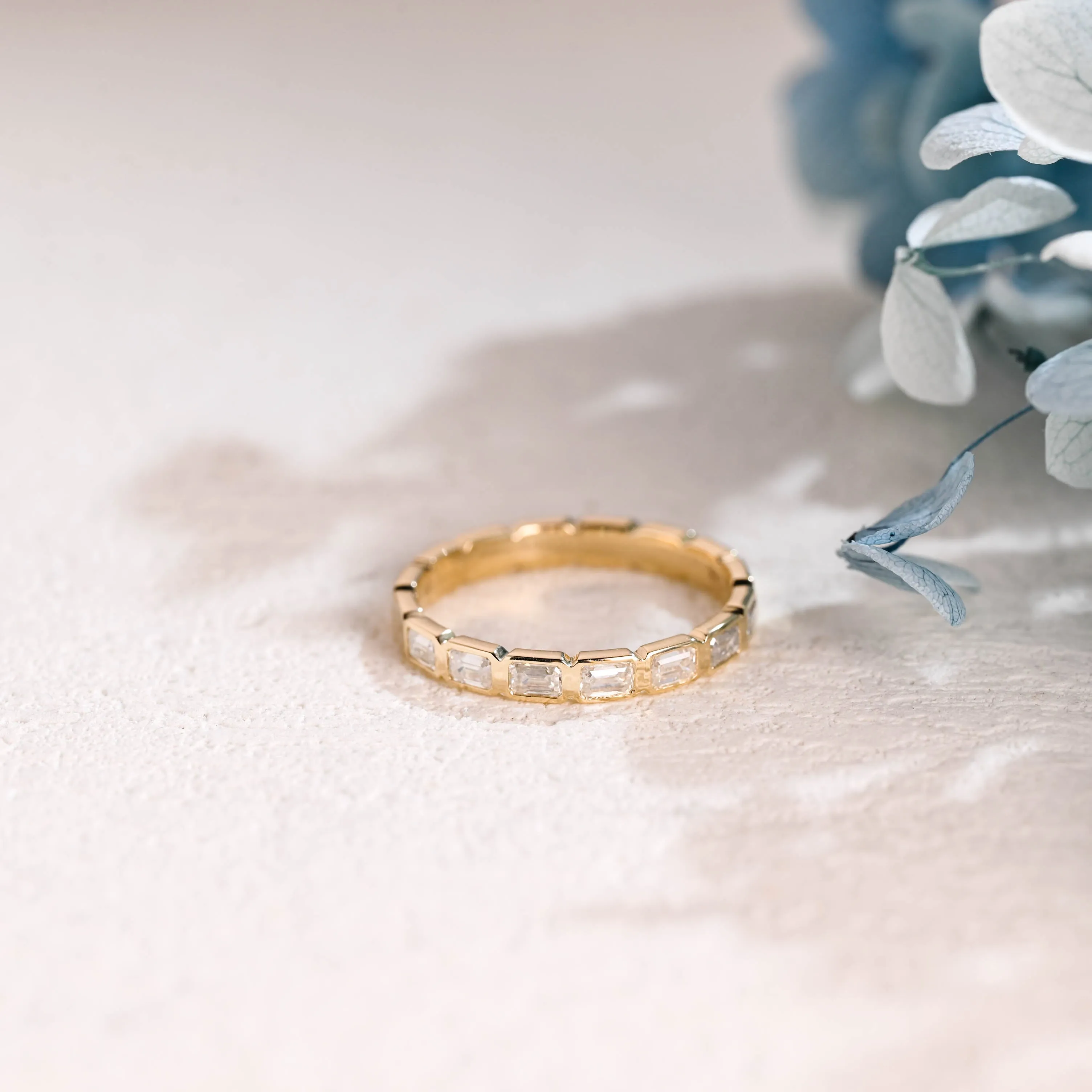 Solid Gold Half Eternity Bezel 3mm Width Emerald Cut Moissanite Wedding Band sold by Causyou