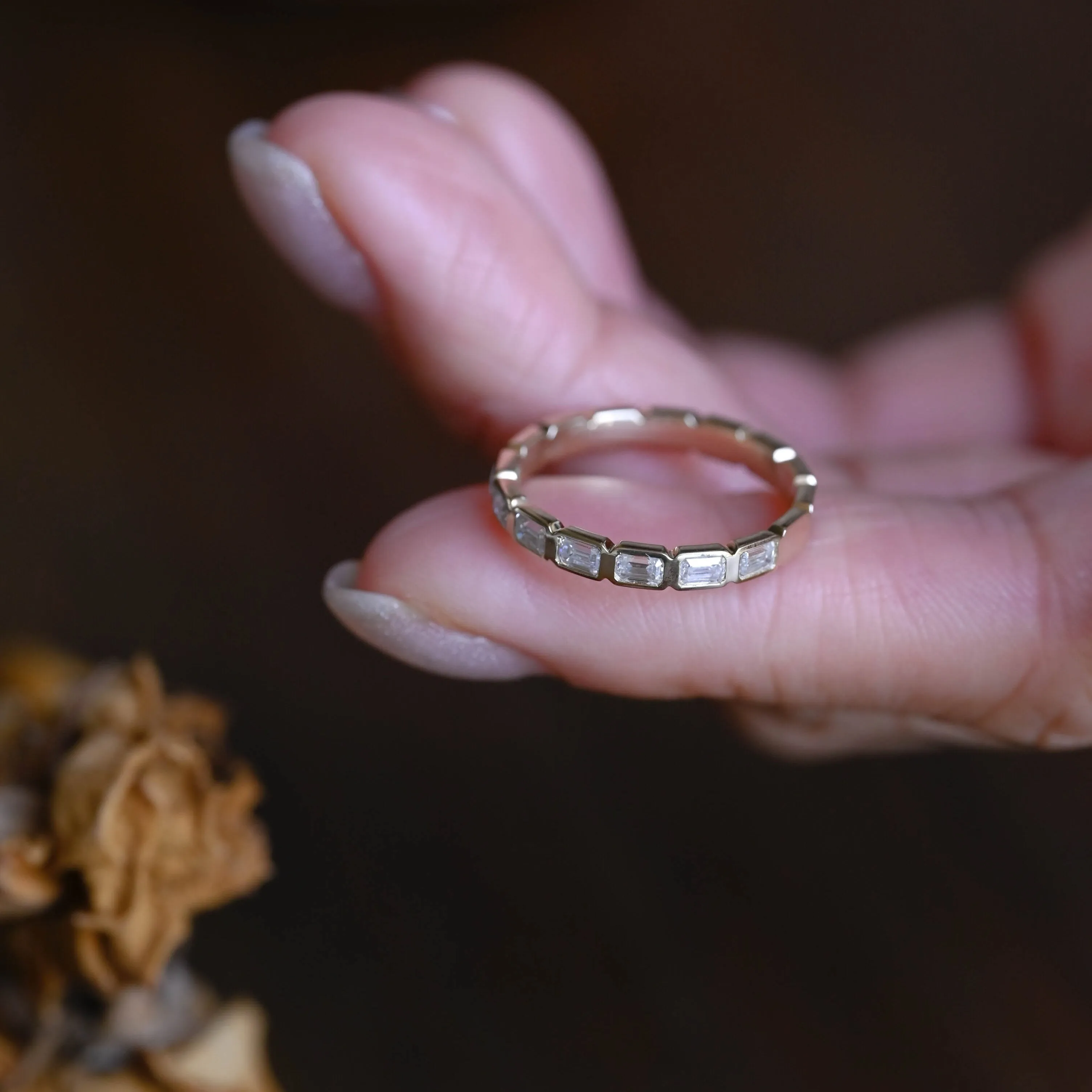 Solid Gold Half Eternity Bezel 3mm Width Emerald Cut Moissanite Wedding Band sold by Causyou product image thumbnail 4