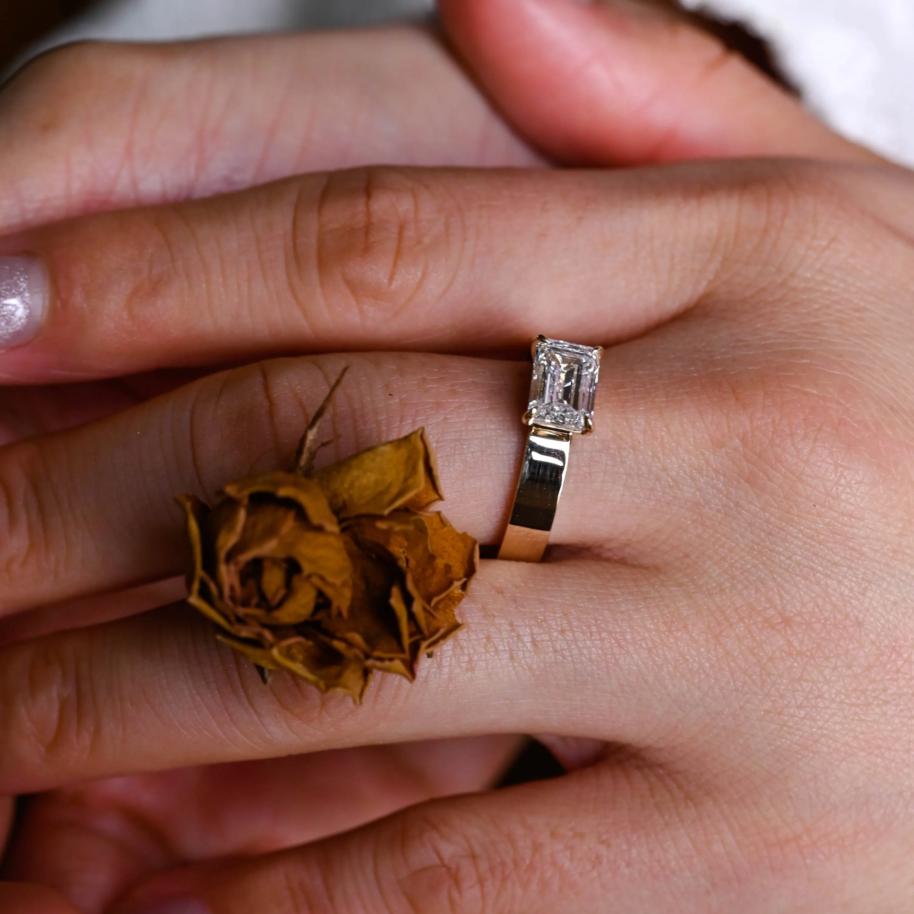 Solid Gold 4mm Width Emerald Cut Moissanite Engagement Ring, Solitaire Ring sold by Causyou product image thumbnail 3