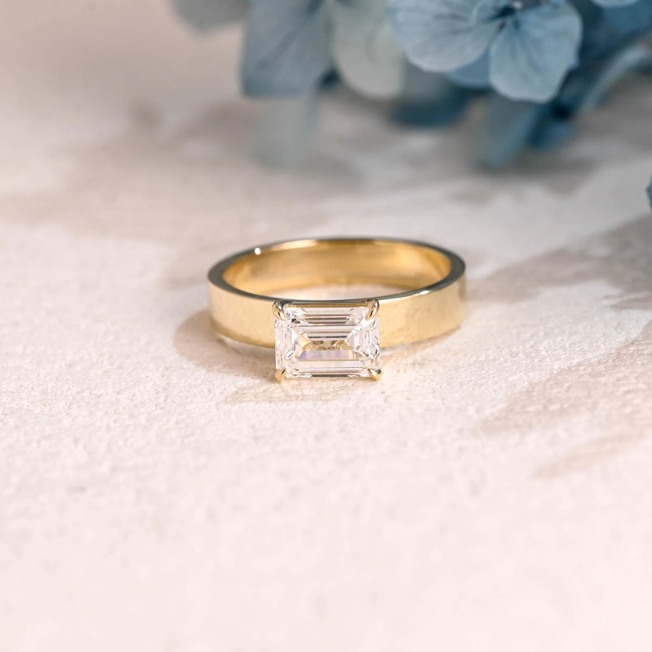 Solid Gold 4mm Width Emerald Cut Moissanite Engagement Ring, Solitaire Ring sold by Causyou