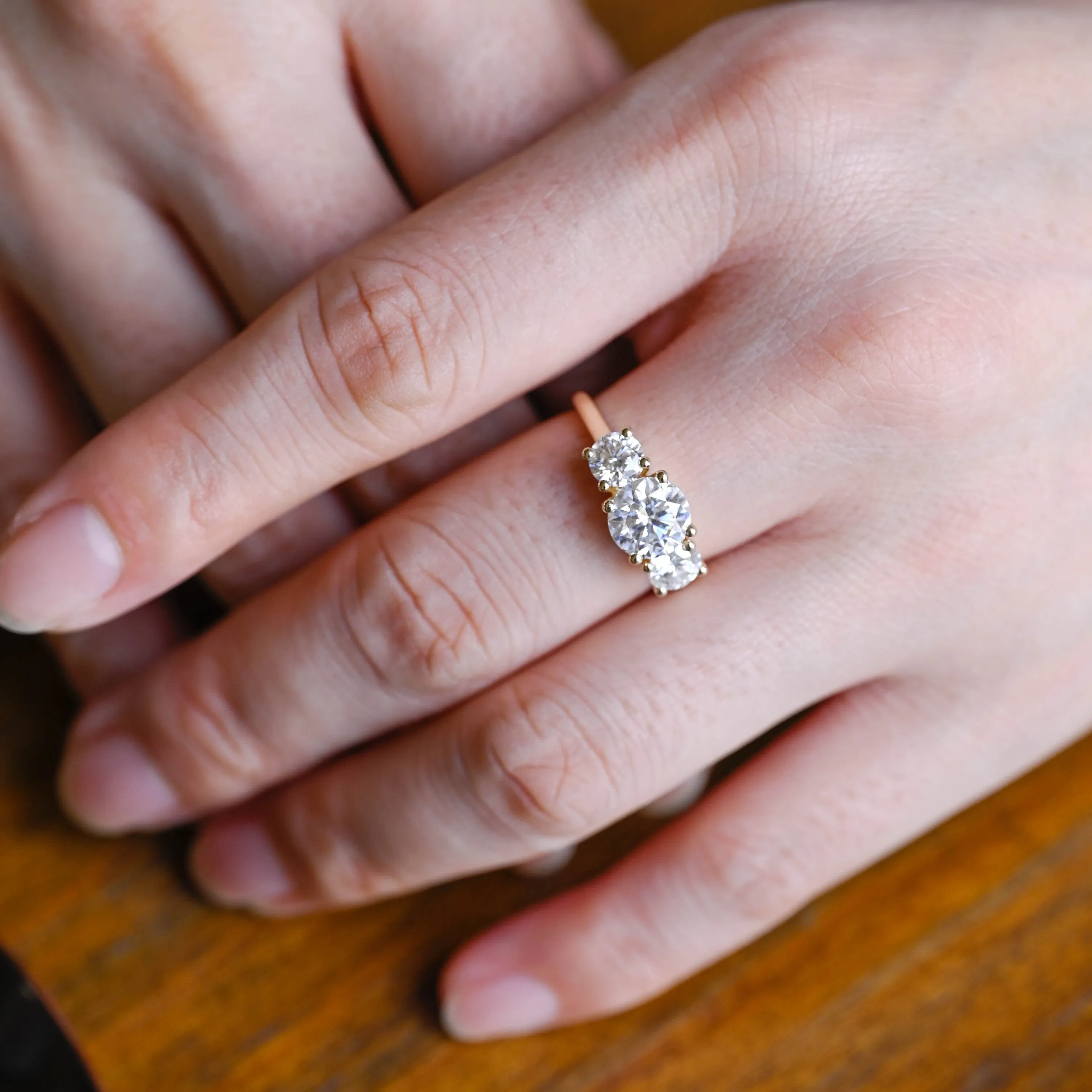 Solid Gold Three Stone Round Cut Moissanite Engagement Ring sold by Causyou product image thumbnail 2