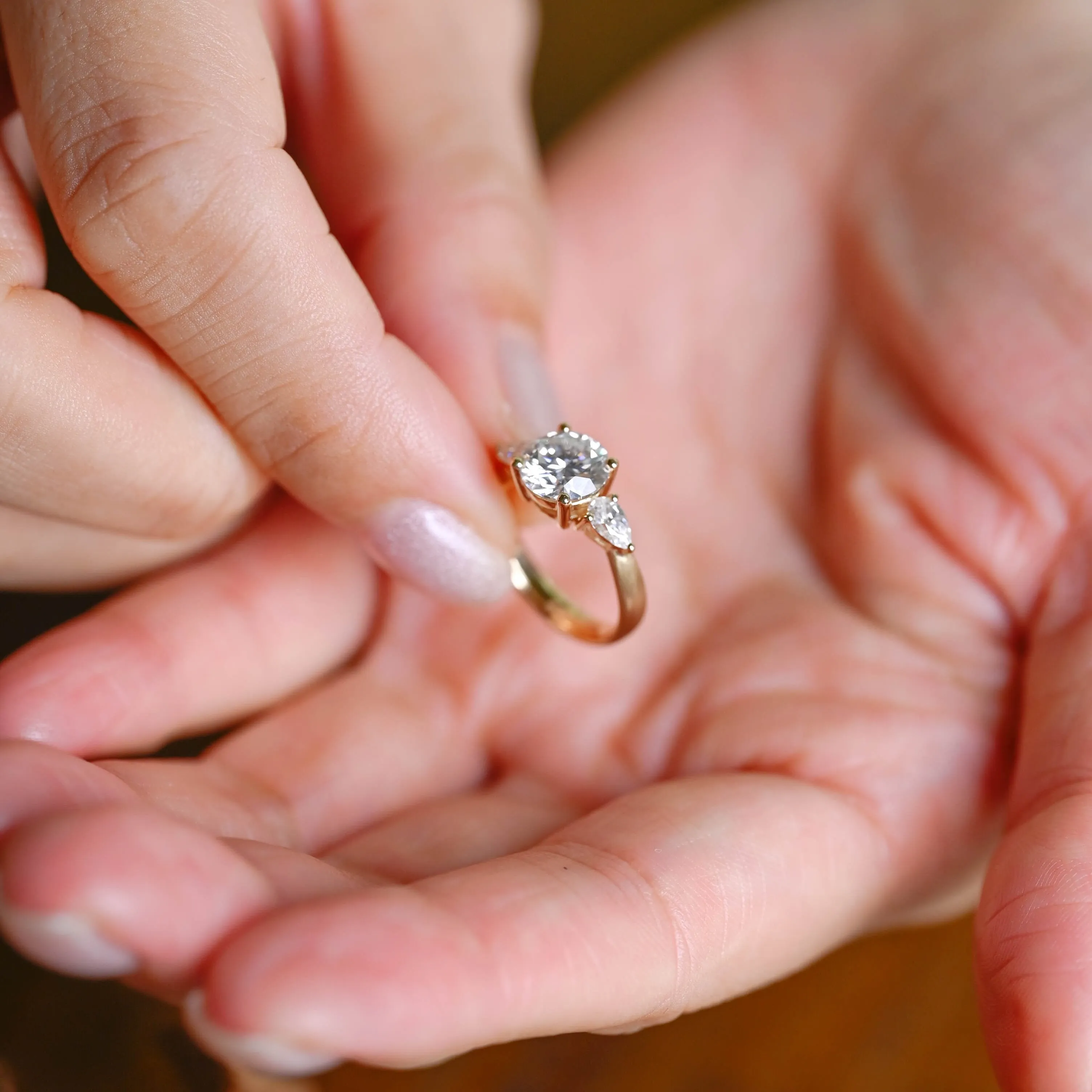 Solid Gold Three Stone 3mm Width Round Cut Moissanite Engagement Ring sold by Causyou product image thumbnail 4