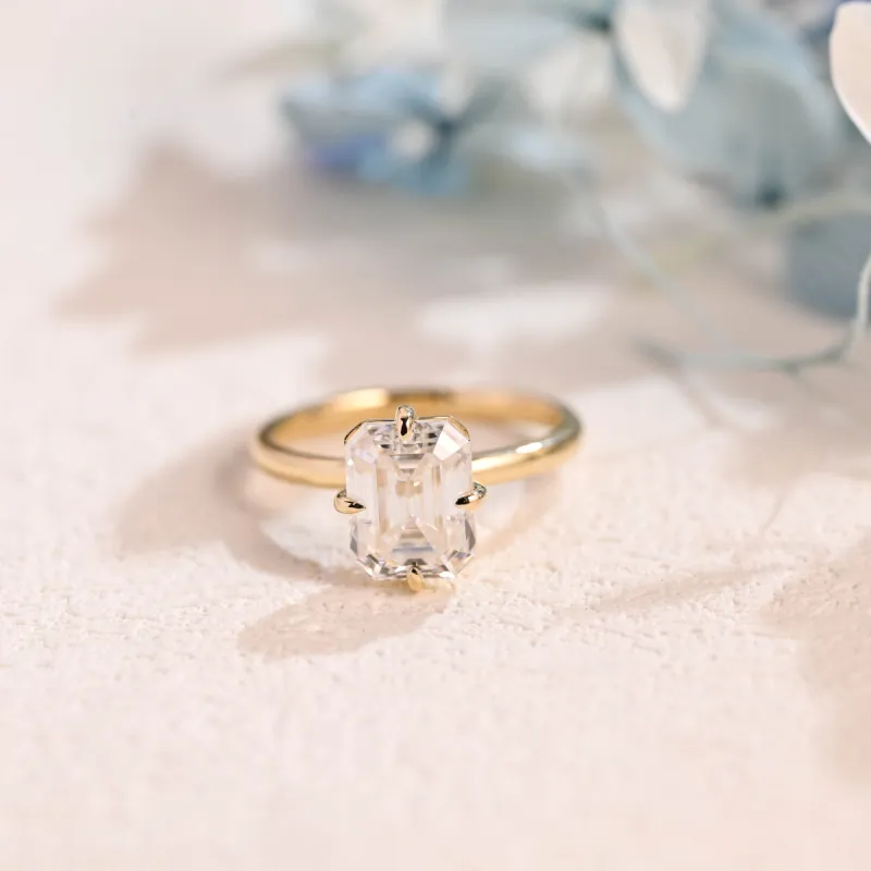Solid Gold Cross Prongs Emerald Cut Moissanite Engagement Ring sold by Causyou