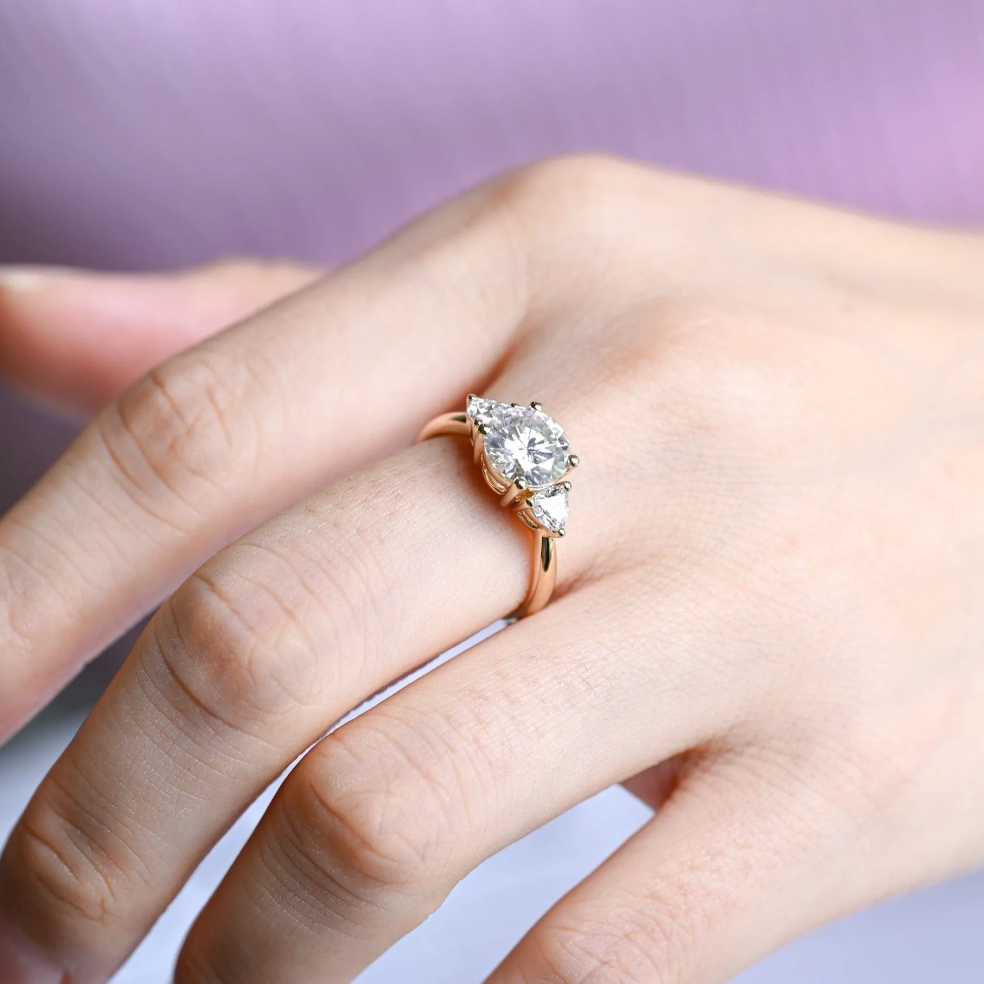 Solid Gold Three Stone Round Cut Moissanite Engagement Ring sold by Causyou product image thumbnail 4