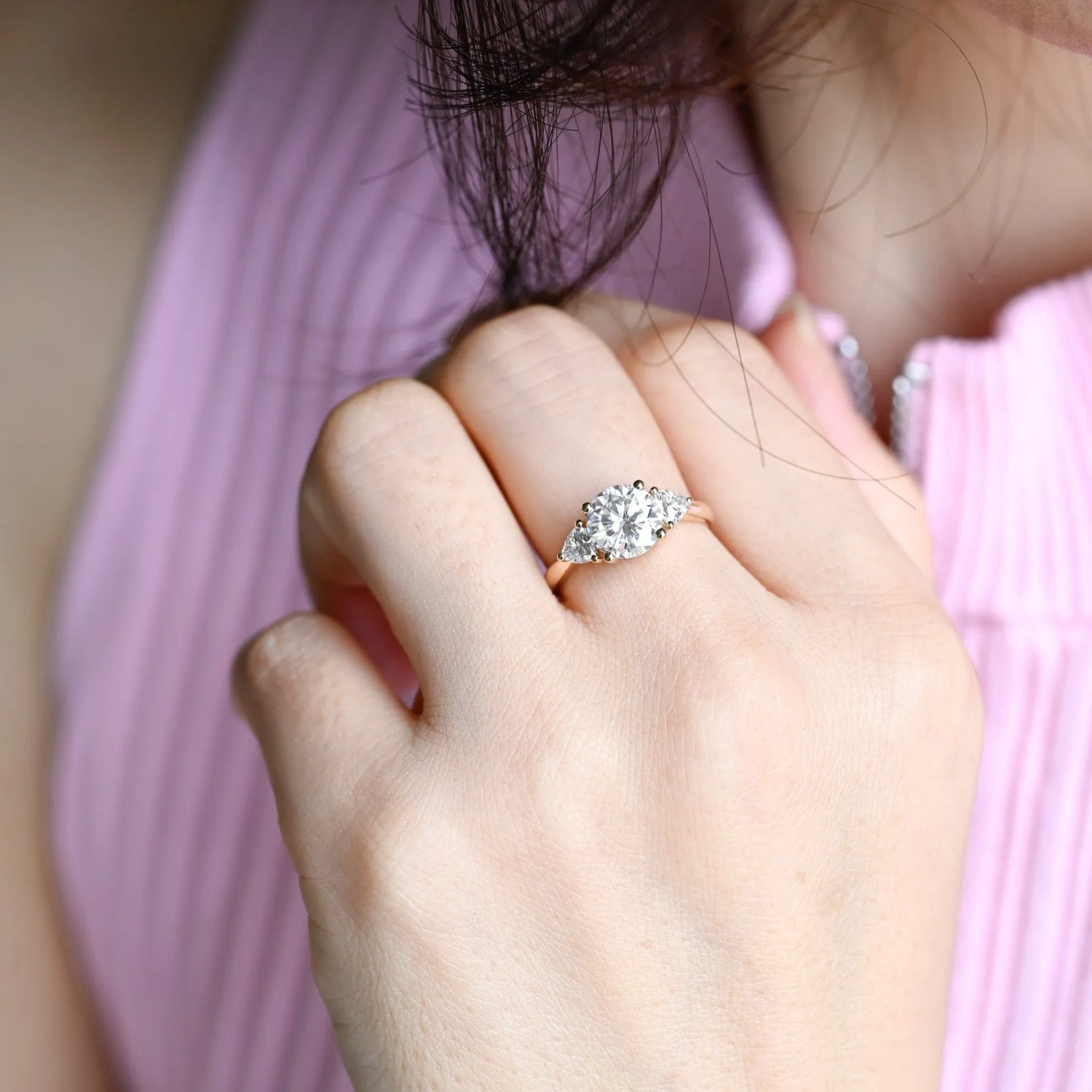 Solid Gold Three Stone Round Cut Moissanite Engagement Ring sold by Causyou product image thumbnail 3