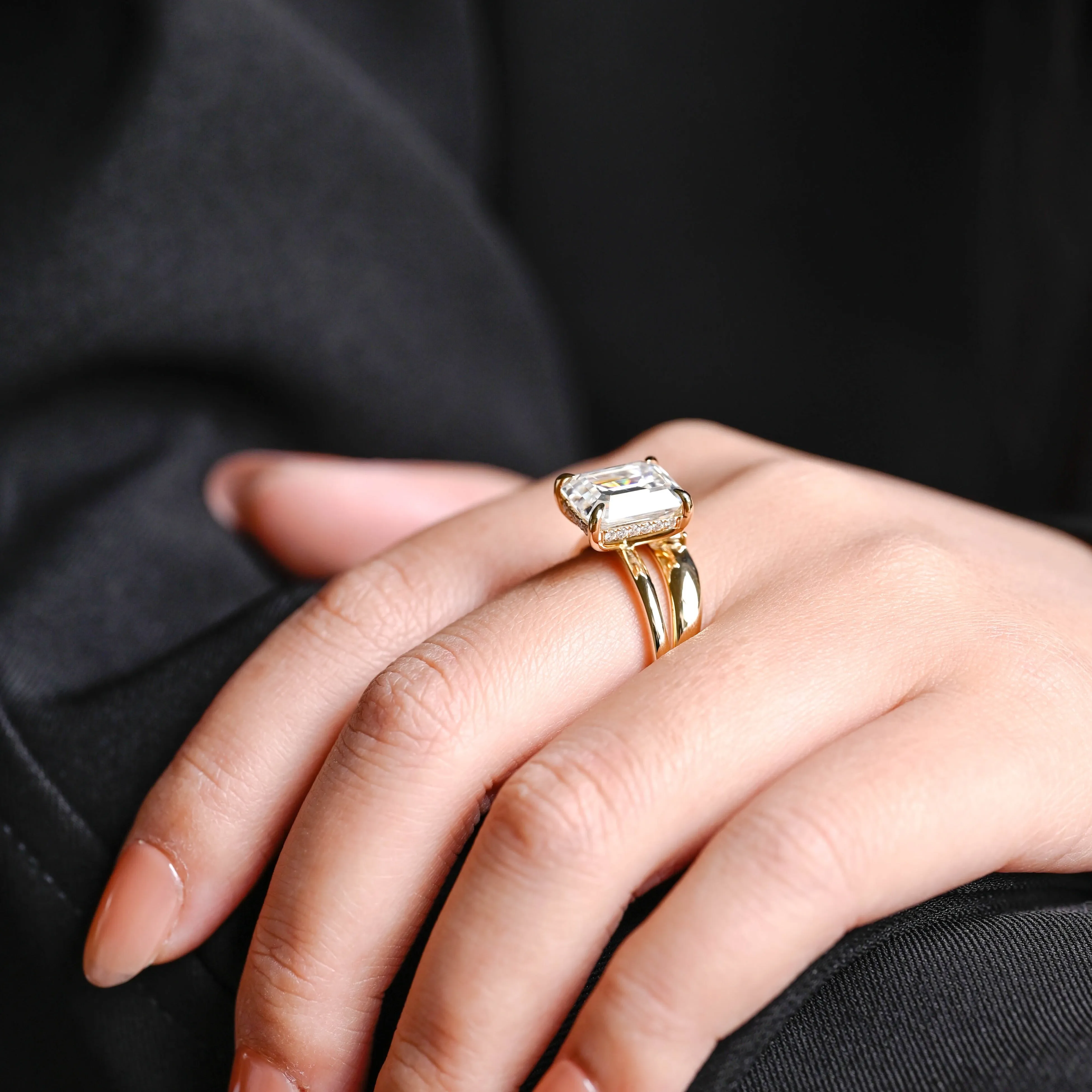 Solid Gold Emerald Cut Moissanite Engagement Ring and Wedding Band Ring Set sold by Causyou product image thumbnail 4