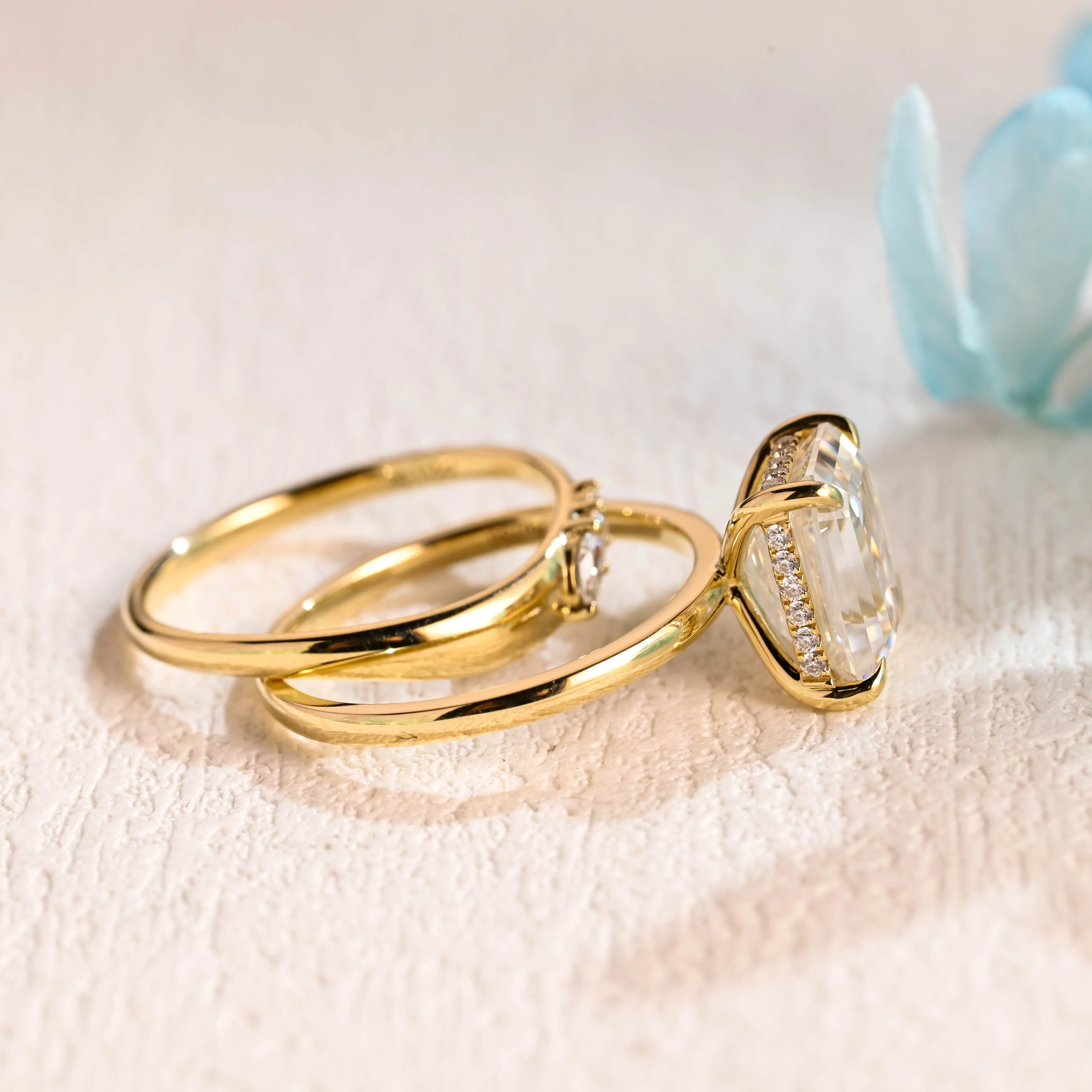 Solid Gold Emerald Cut Moissanite Engagement Ring and Wedding Band Ring Set sold by Causyou product image thumbnail 5