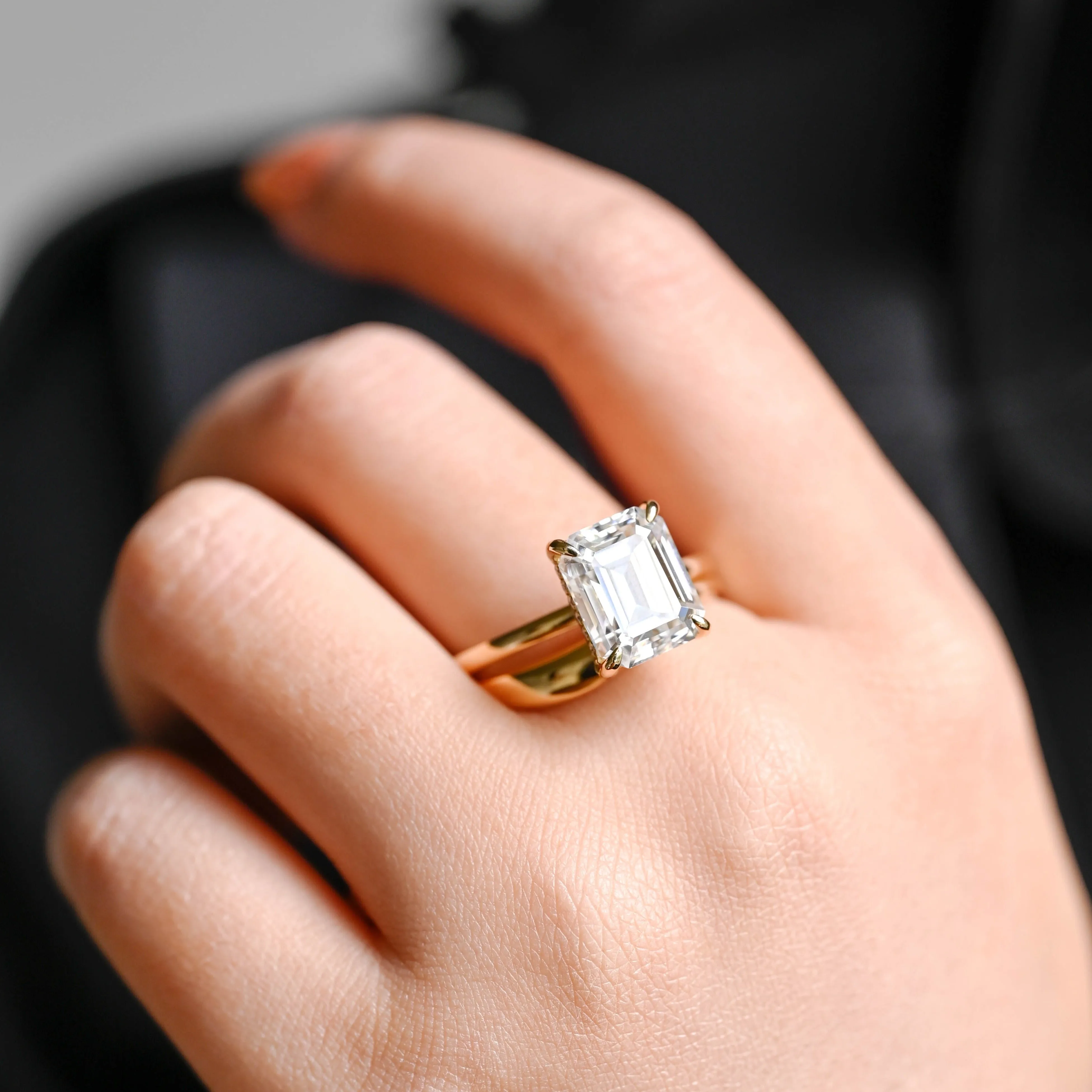 Solid Gold Emerald Cut Moissanite Engagement Ring and Wedding Band Ring Set sold by Causyou product image thumbnail 2