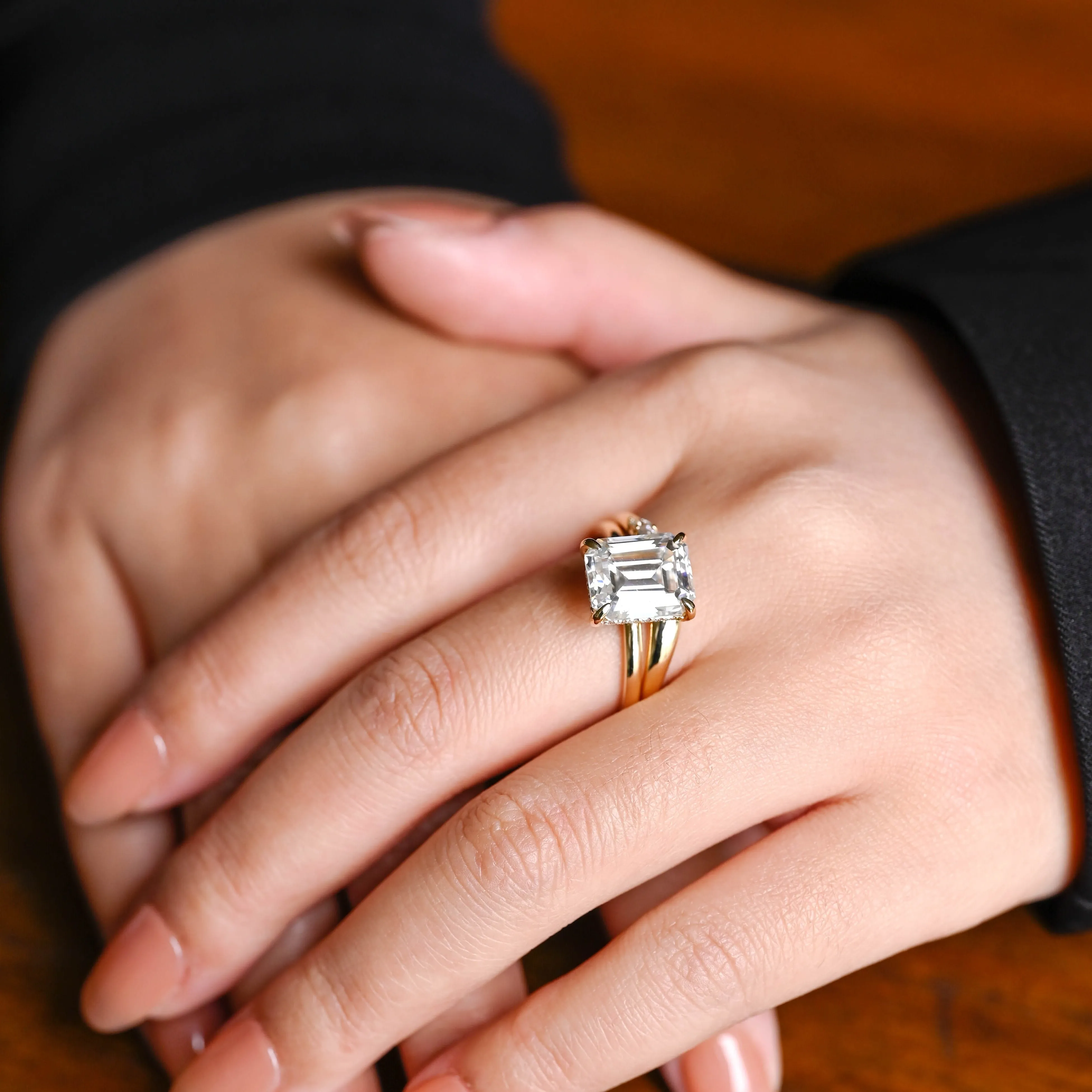 Solid Gold Emerald Cut Moissanite Engagement Ring and Wedding Band Ring Set sold by Causyou product image thumbnail 3