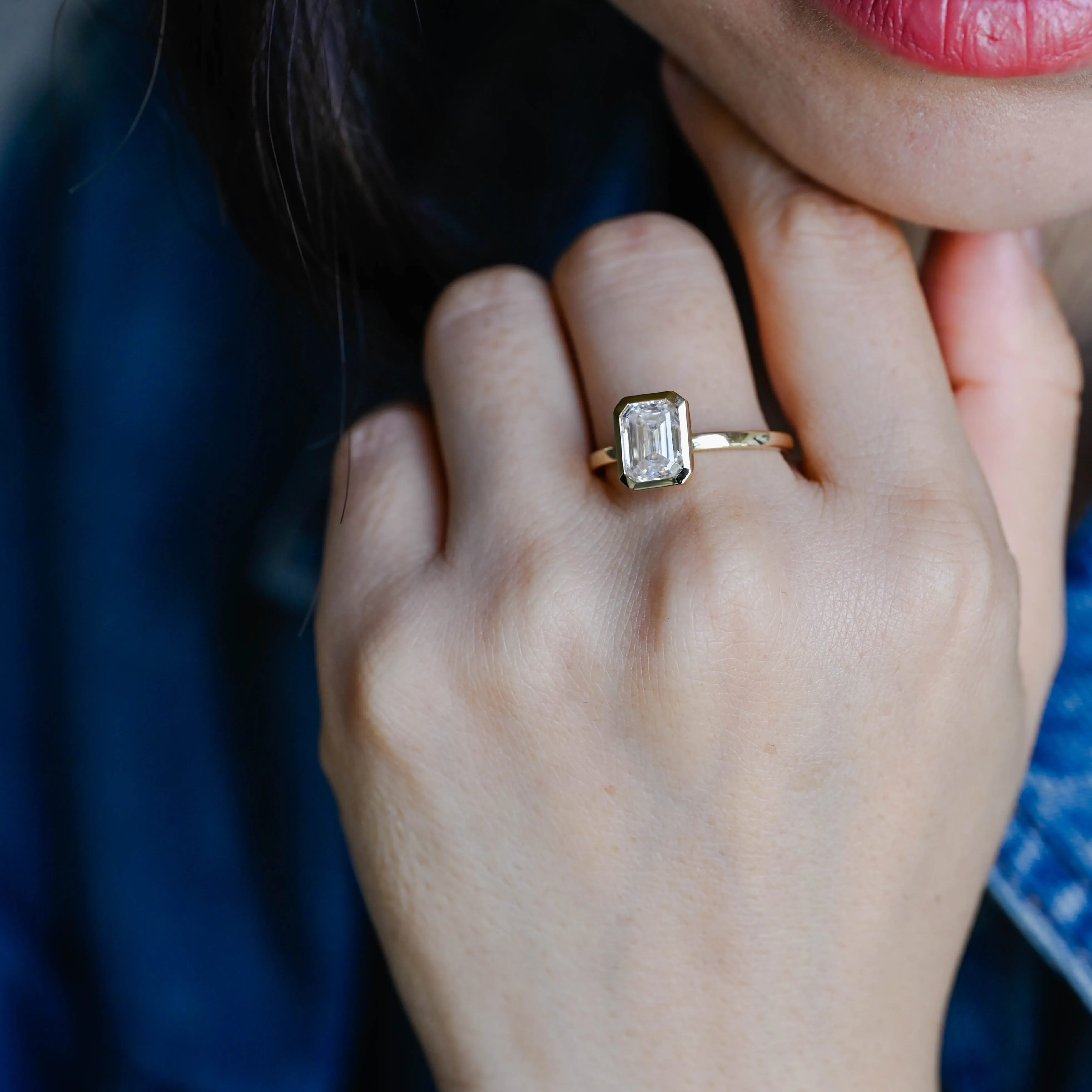 Solid Gold Solitaire Bezel Emerald Cut Moissanite Engagement Ring sold by Causyou product image thumbnail 2