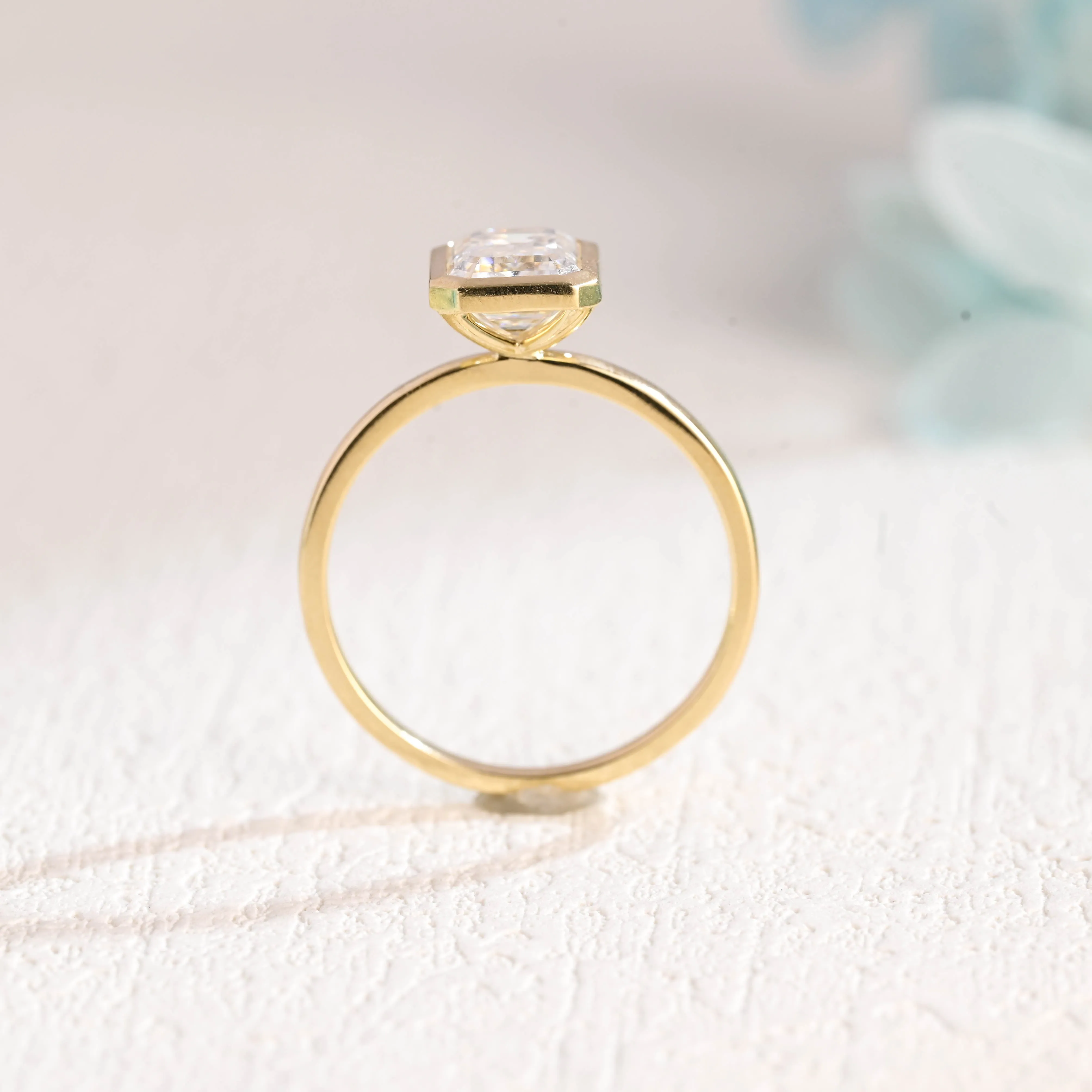 Solid Gold Solitaire Bezel Emerald Cut Moissanite Engagement Ring sold by Causyou product image thumbnail 5
