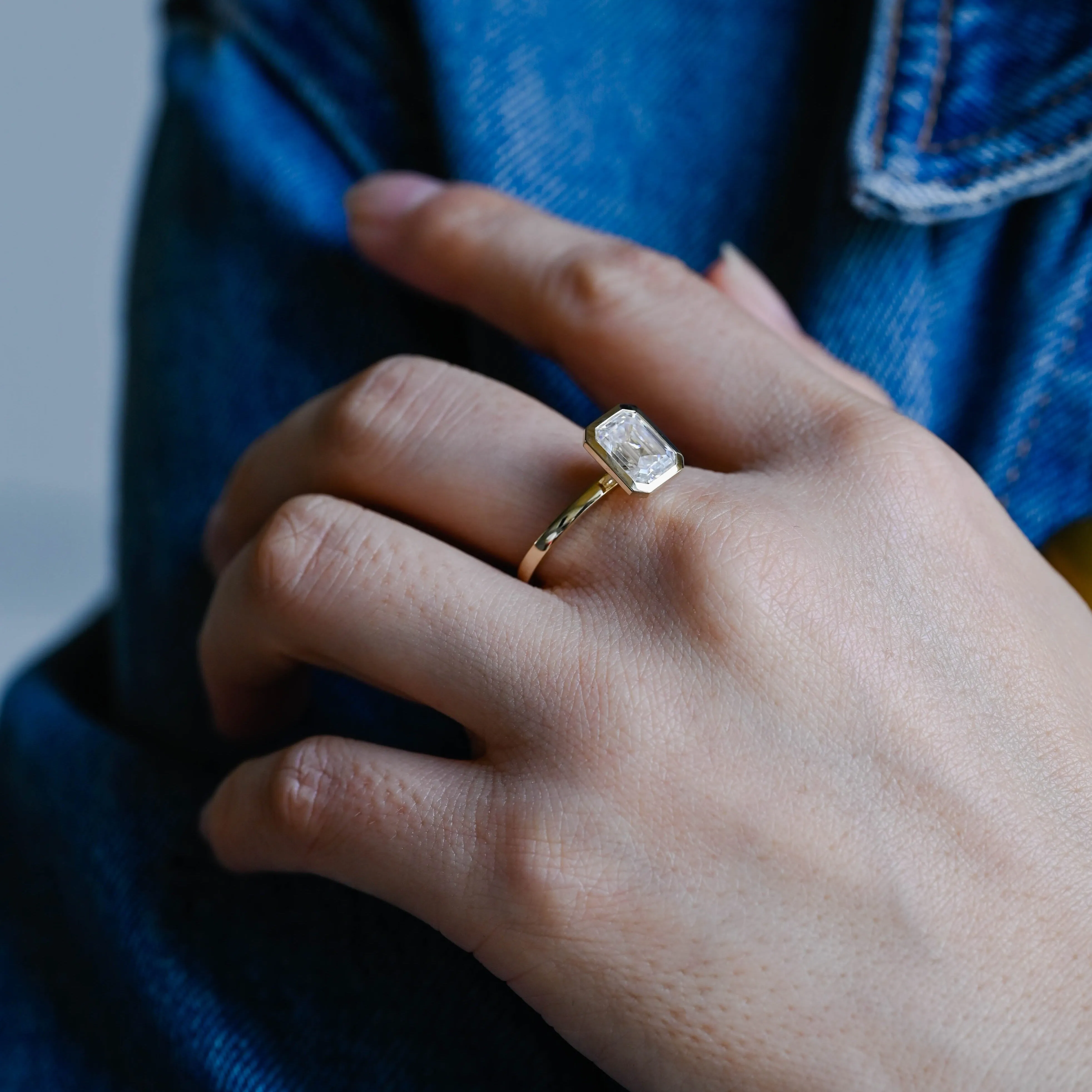 Solid Gold Solitaire Bezel Emerald Cut Moissanite Engagement Ring sold by Causyou product image thumbnail 3