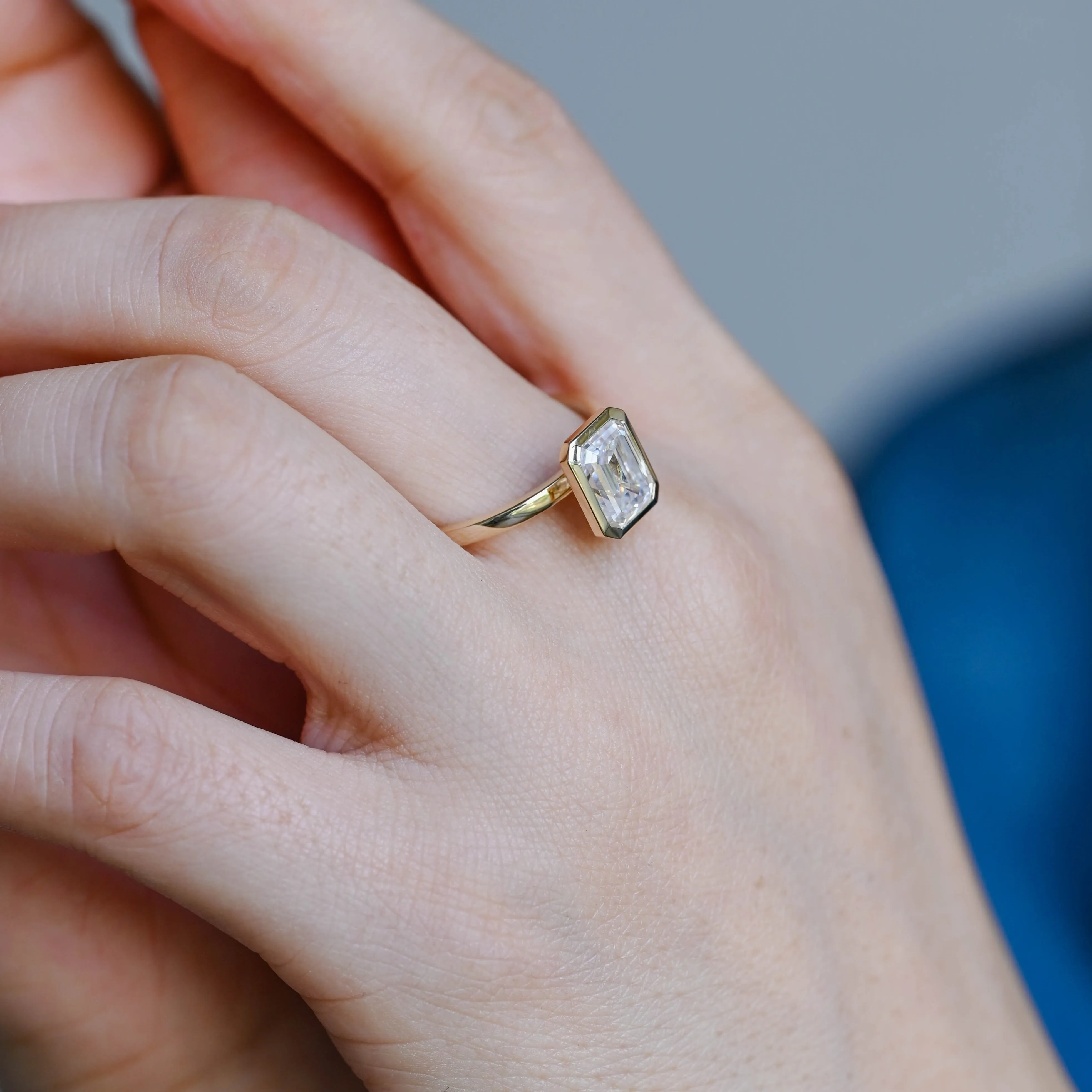 Solid Gold Solitaire Bezel Emerald Cut Moissanite Engagement Ring sold by Causyou product image thumbnail 4