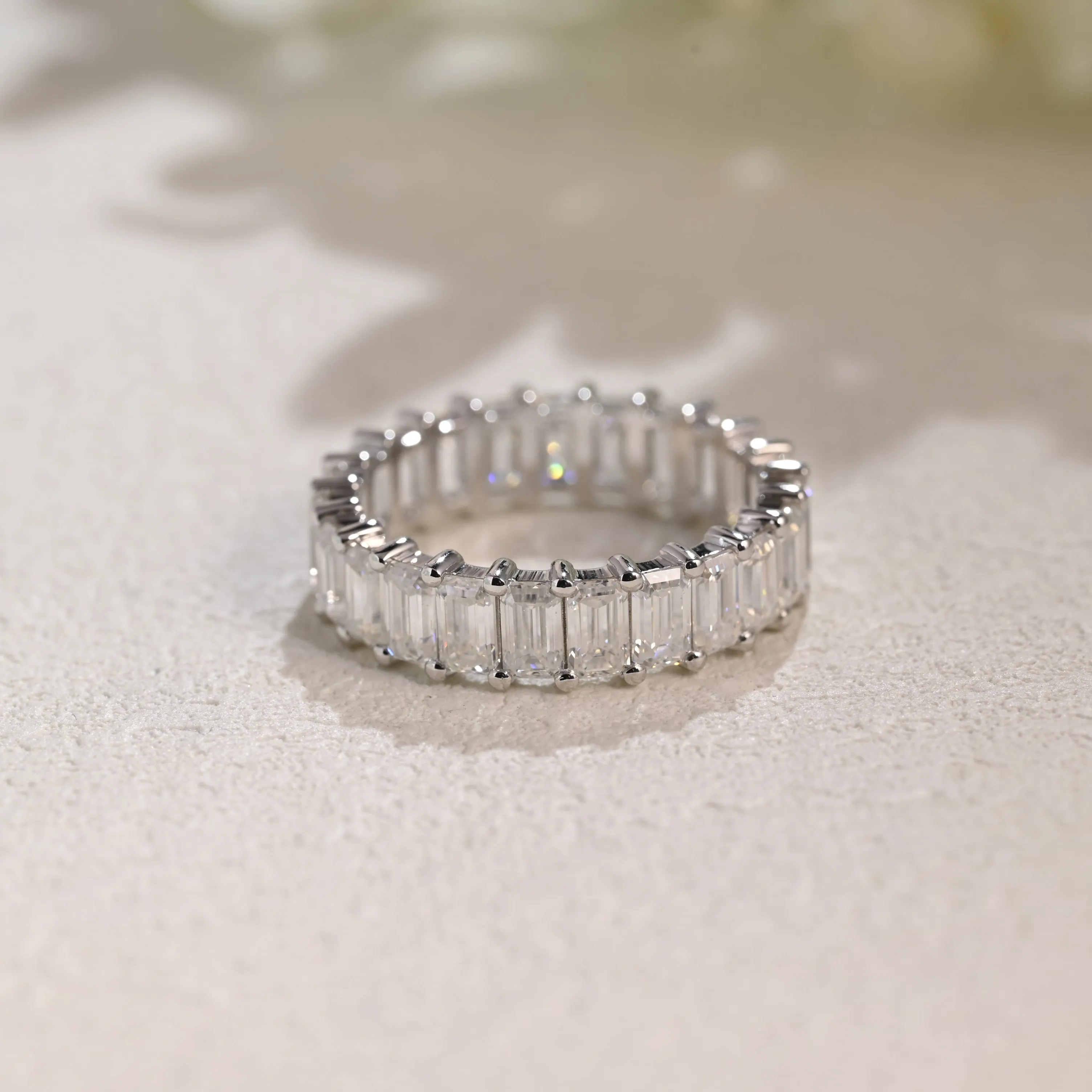 Solid Gold Full Eternity 3*5mm Emerald Cut Moissanite Wedding Band sold by Causyou