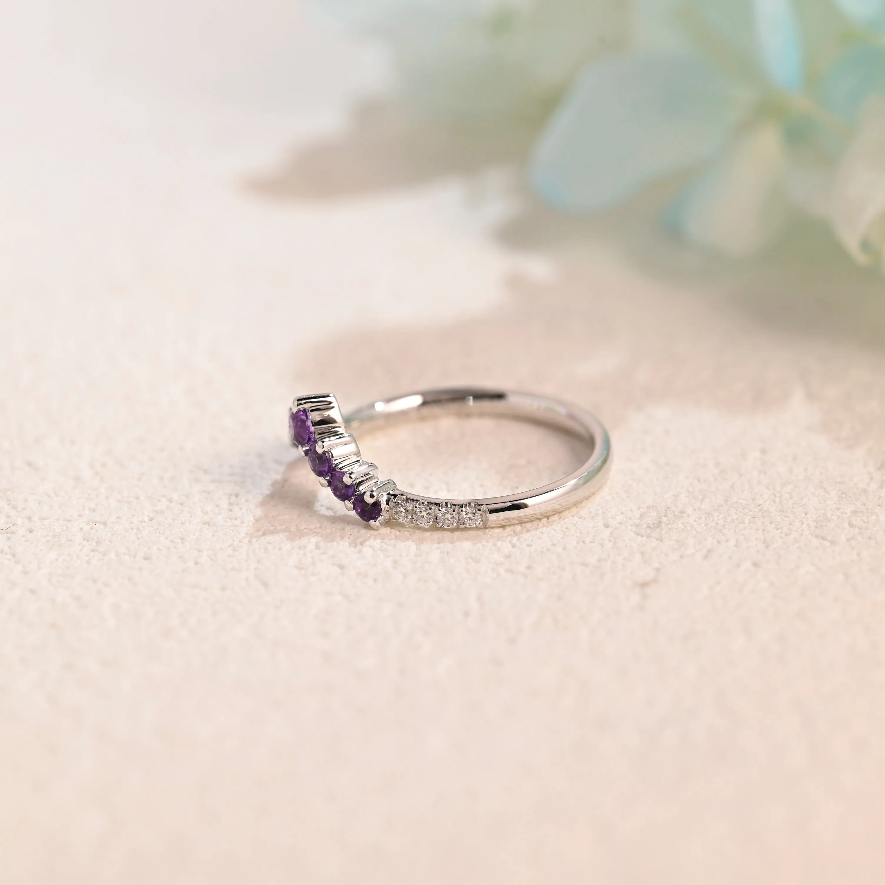 Solid Gold Curved Round Cut Moissanite & Amethyst Wedding Band sold by Causyou product image thumbnail 5
