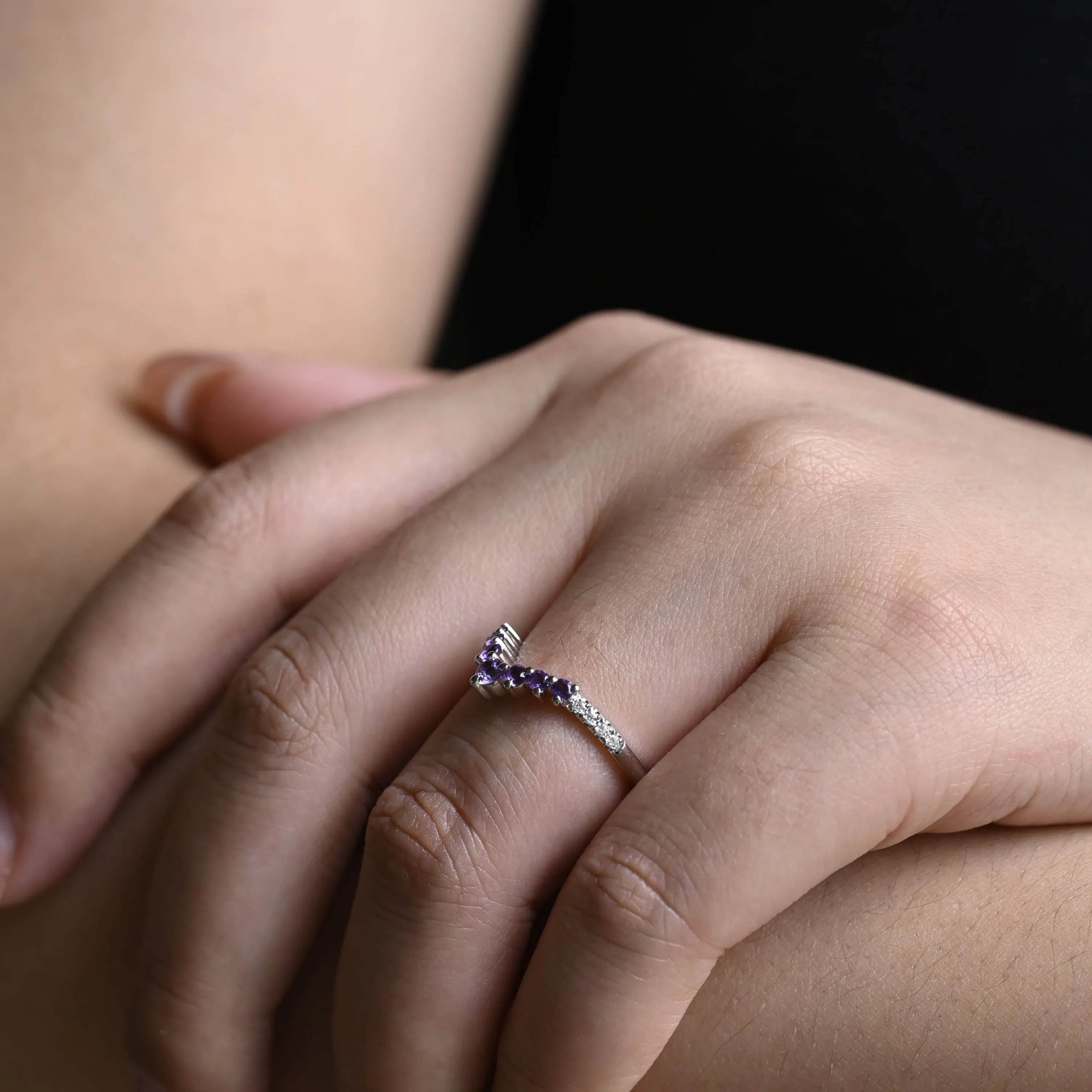 Solid Gold Curved Round Cut Moissanite & Amethyst Wedding Band sold by Causyou product image thumbnail 4